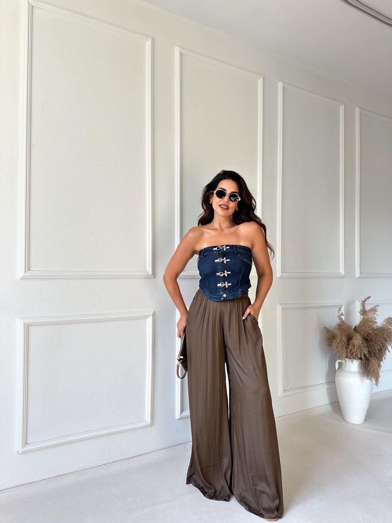 Zara Model Saten Bol Paça Pantolon- Kahve 