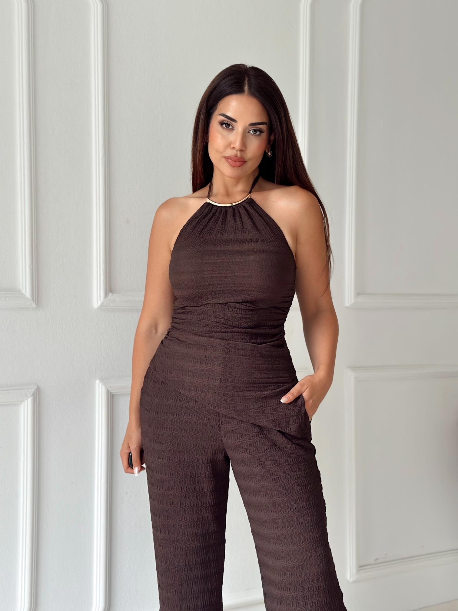 Athena Gold Detay Halter Yaka Bluz ve Pantolon Takım - Kahve · 7