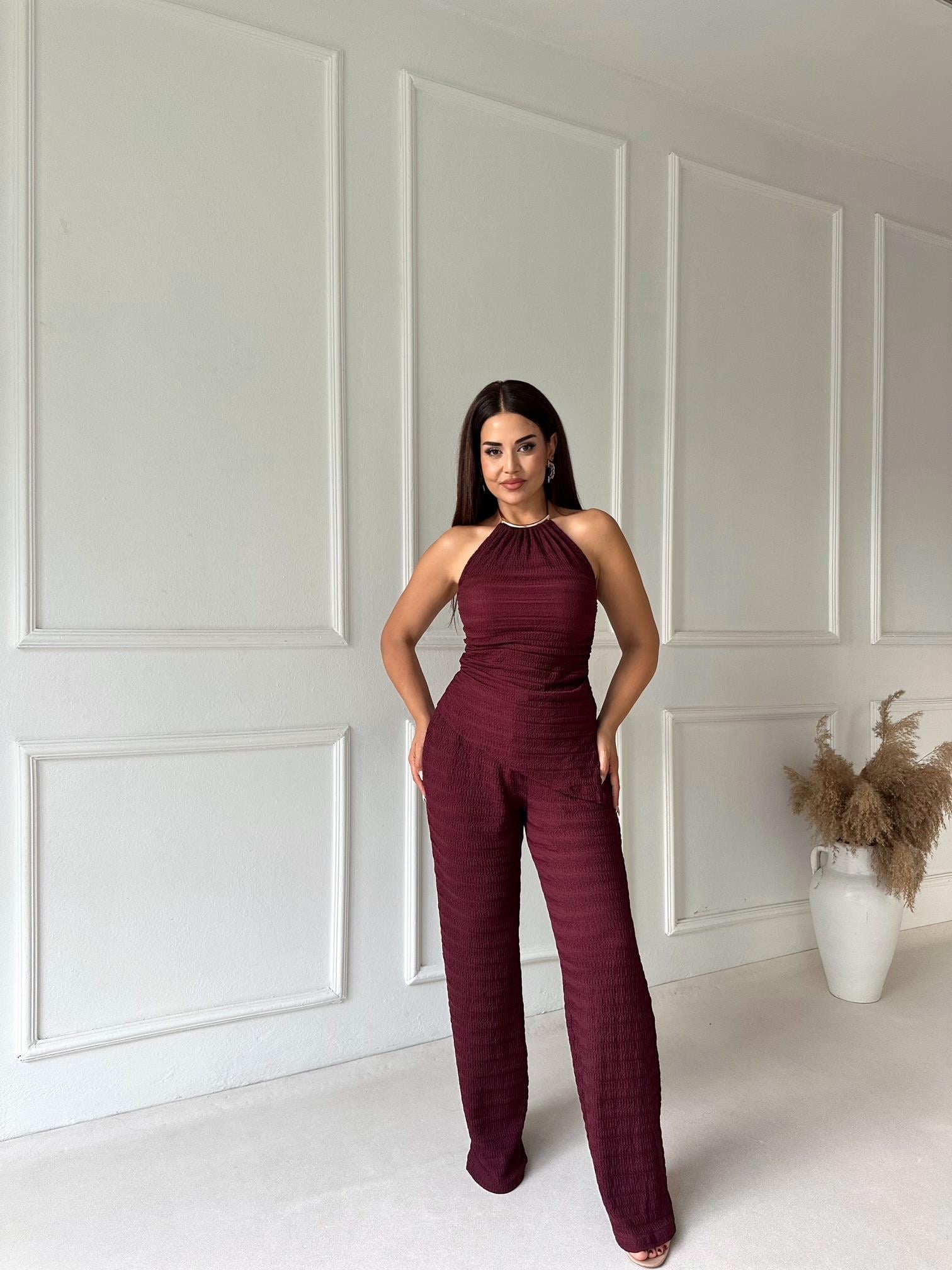 Athena Gold Detay Halter Yaka Bluz ve Pantolon Takım - Bordo