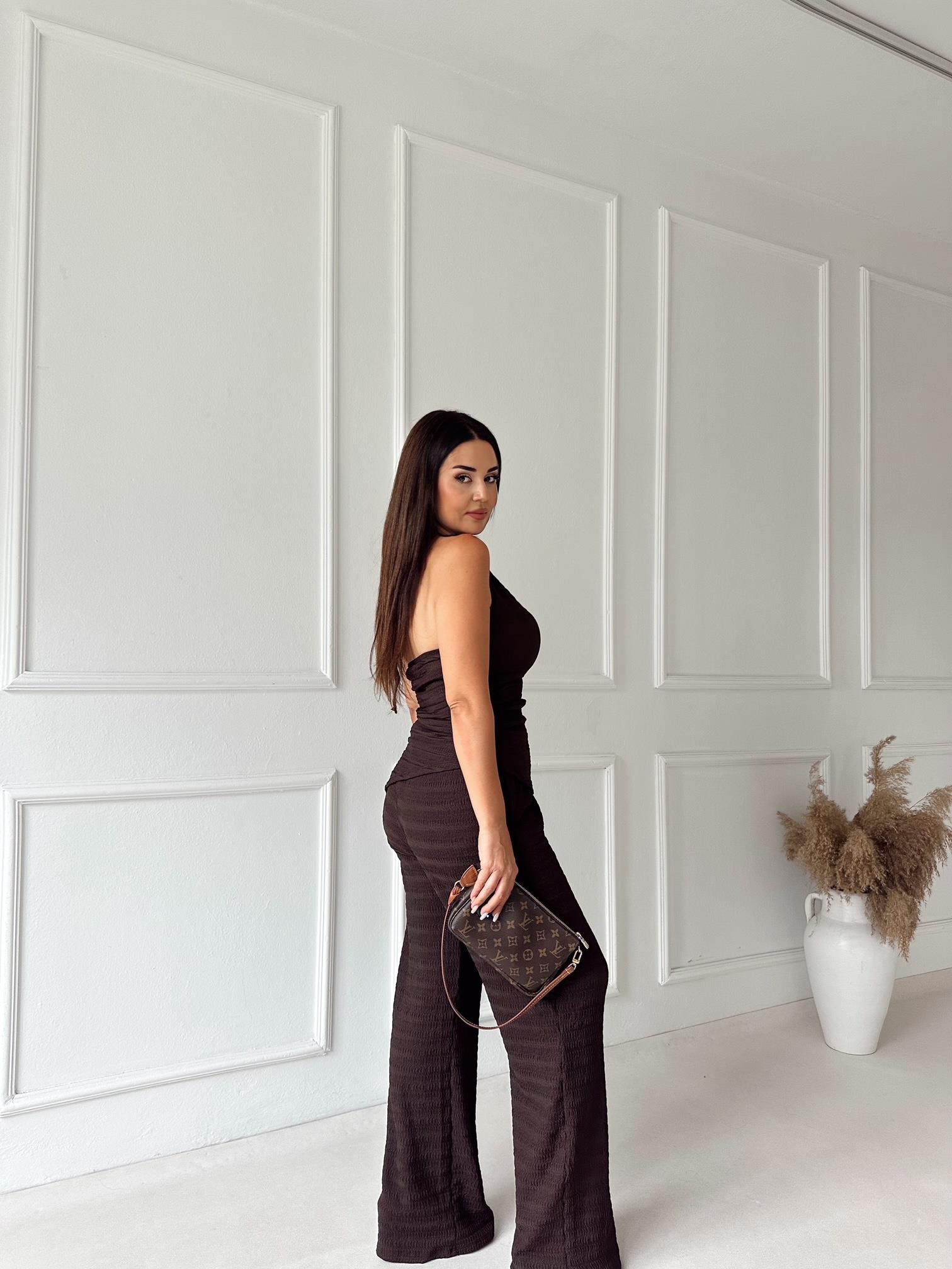 Athena Gold Detay Halter Yaka Bluz ve Pantolon Takım - Kahve · 4