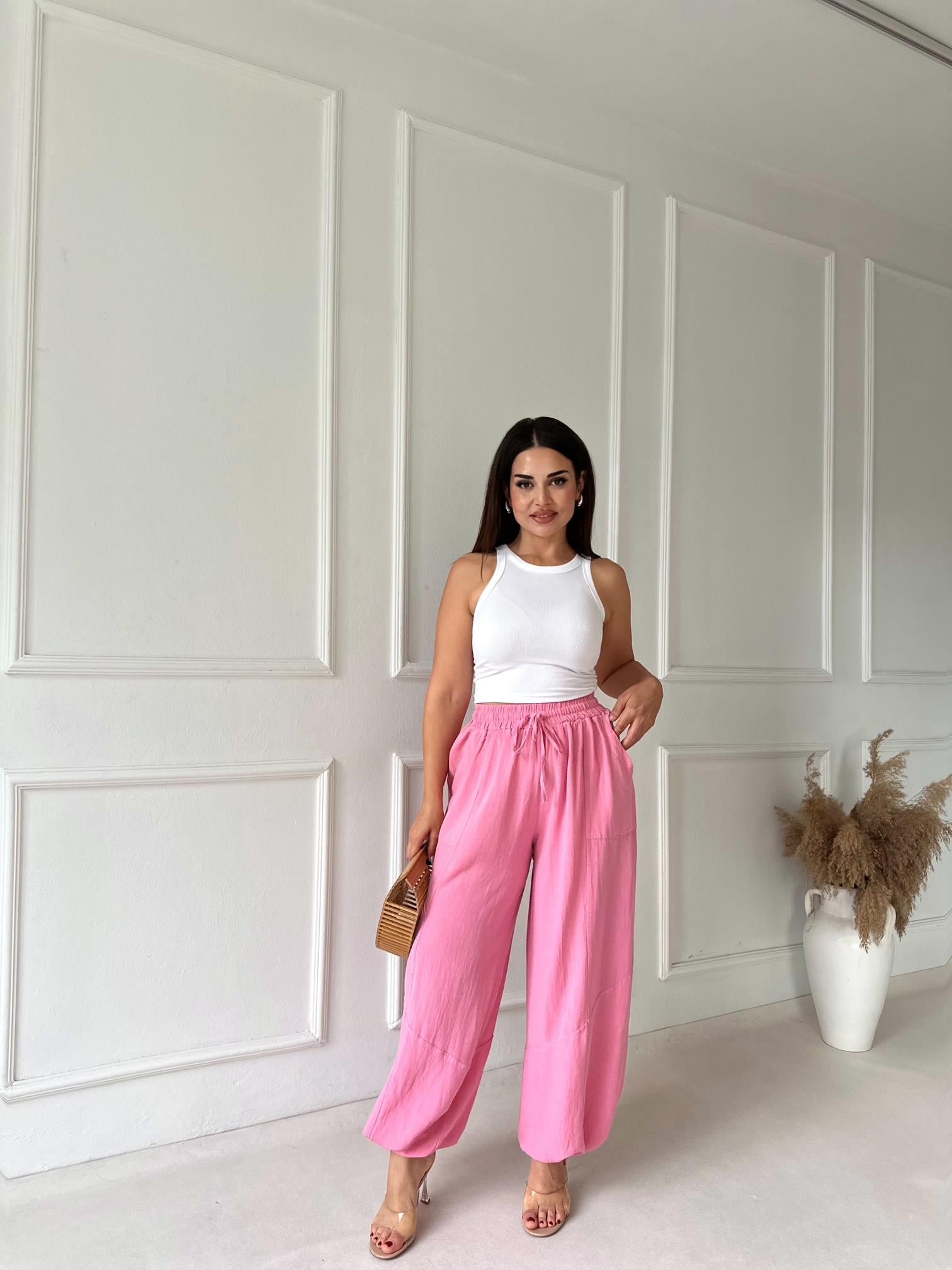 Baggy Comfort Keten Pantolon - Pembe