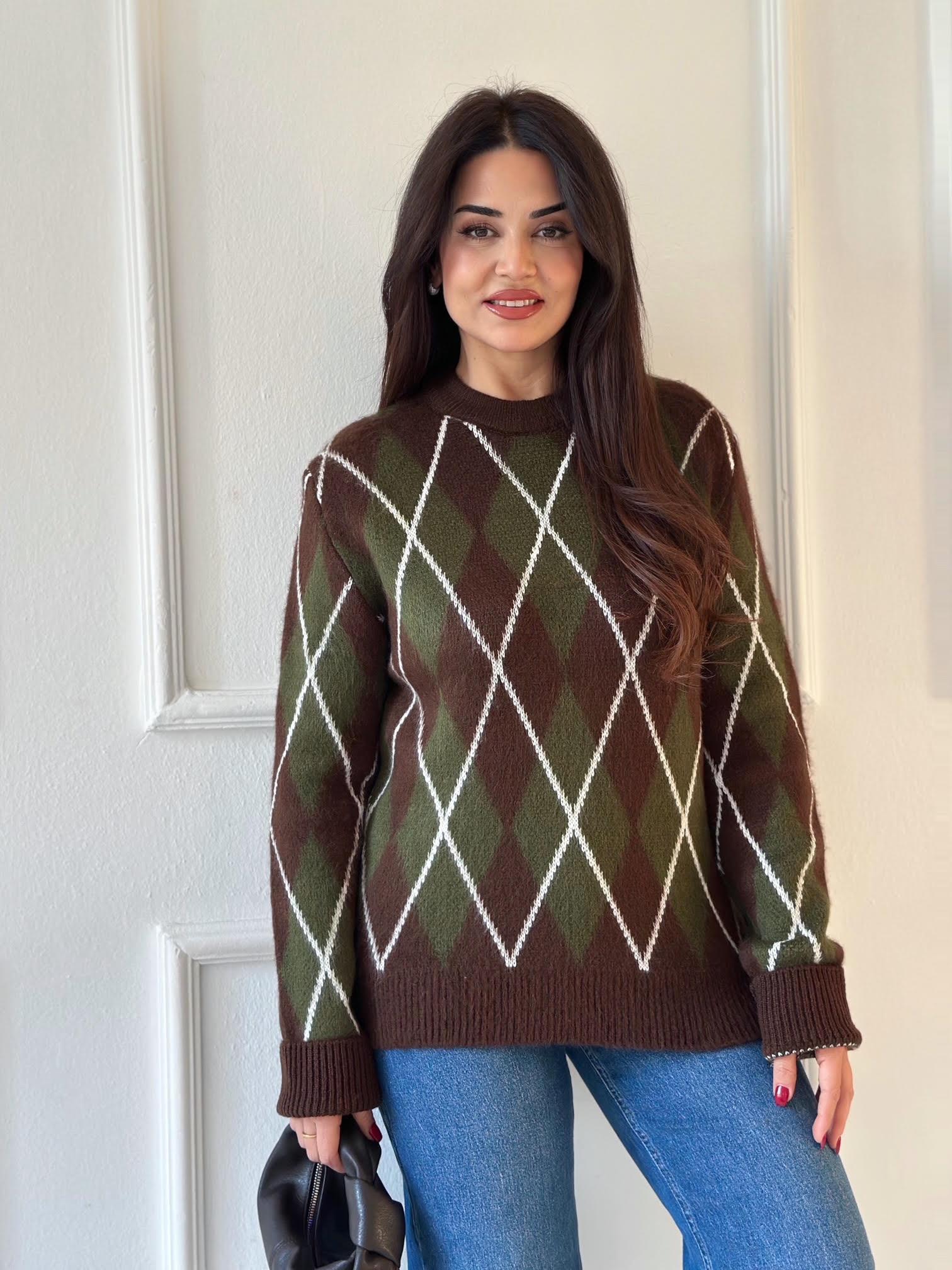 Baklava Desen Premium Triko Kazak - Kahve