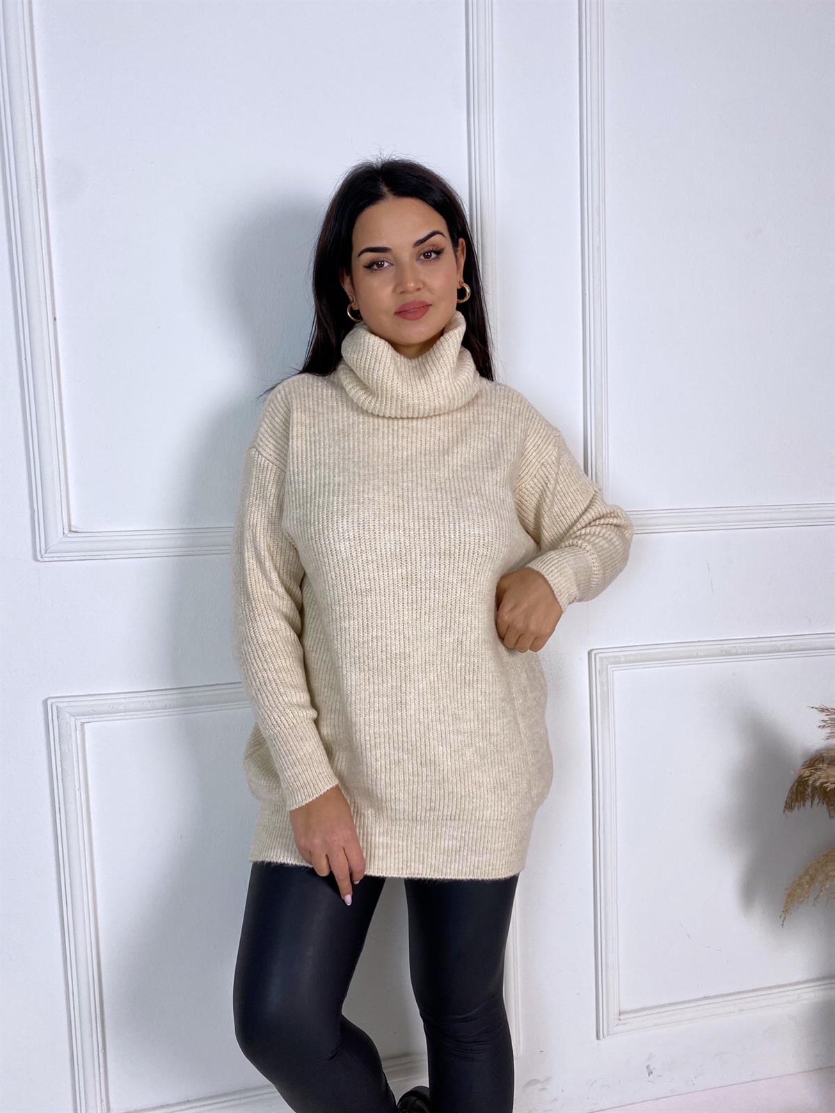 Bej Selanik Örgü Boğazlı Kazak