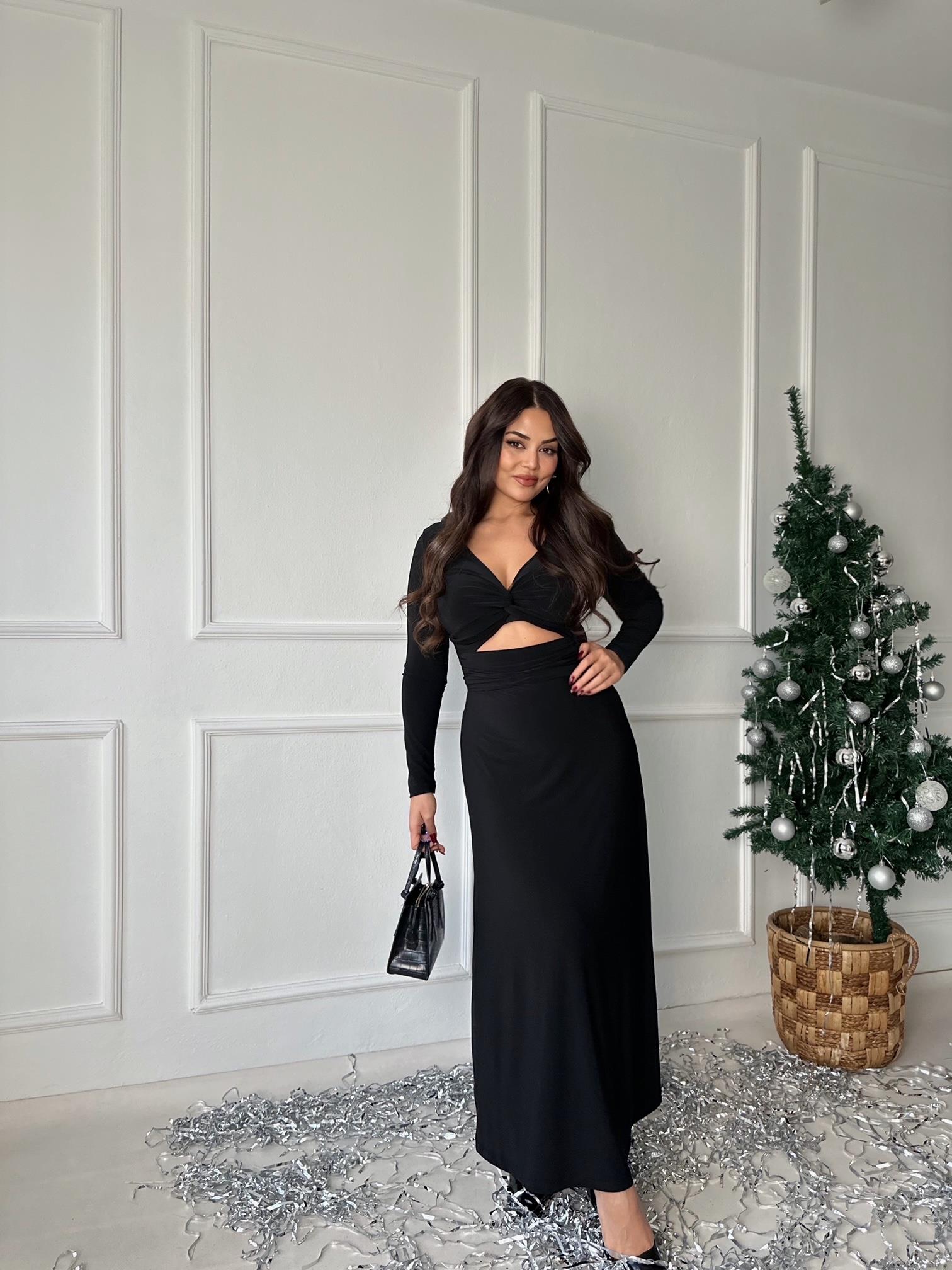 Bel Dekolte Detaylı Uzun Kol V Yaka Siyah Maksi Elbise