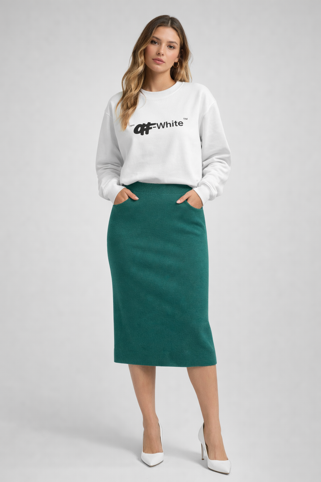 Beli Lastikli Triko Midi Etek - Yeşil