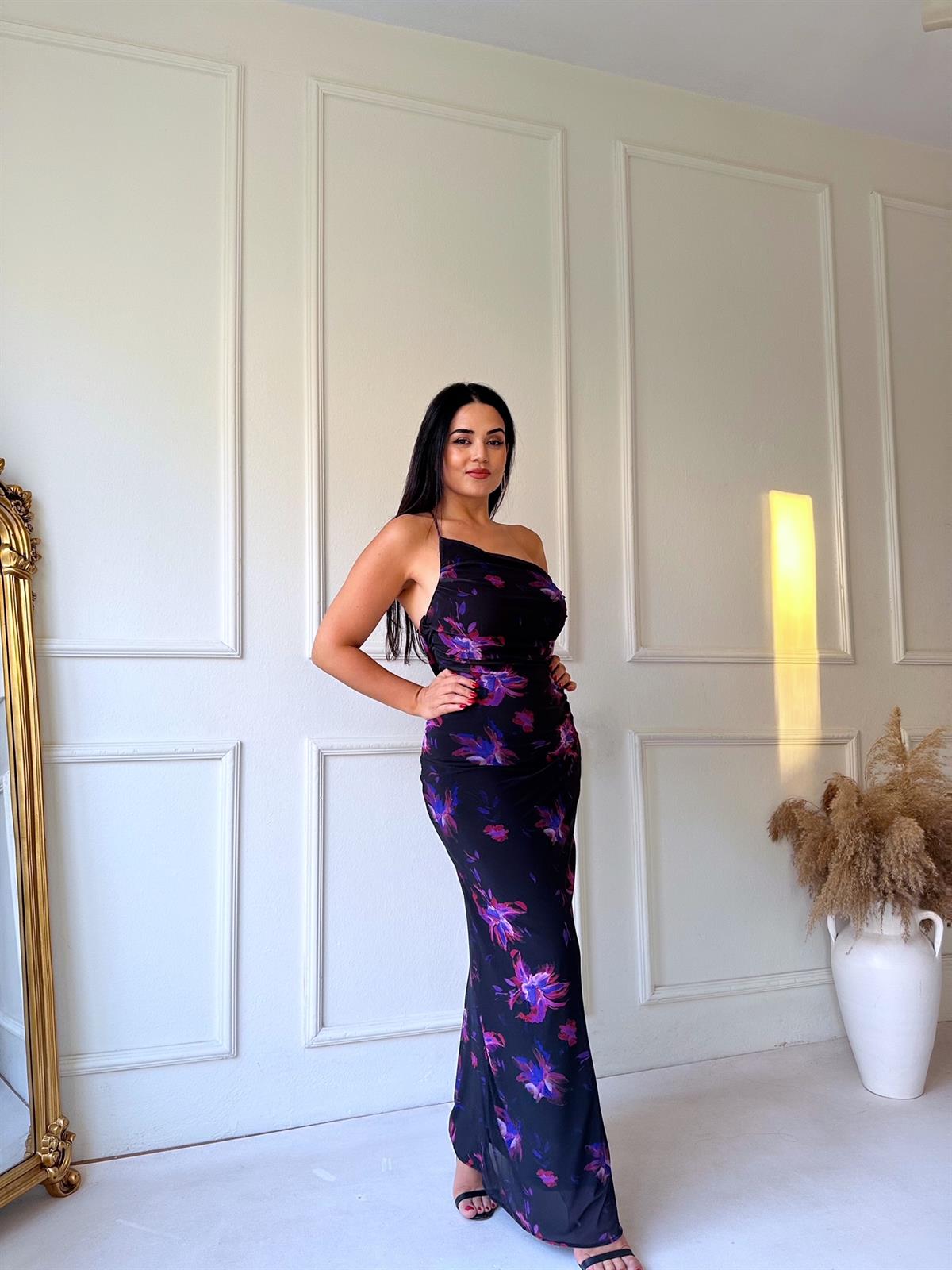 Gabrielle Çiçekli Tek Omuzlu Uzun Elbise