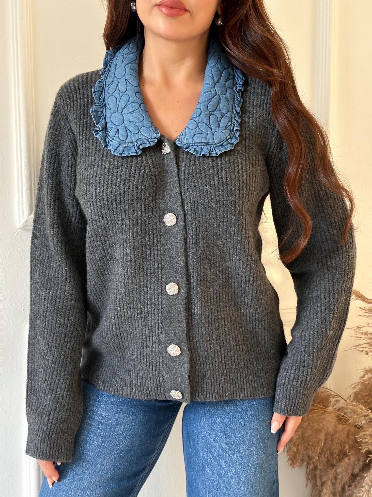Denim Yakalı Kadın Triko Hırka - Antrasit · 5