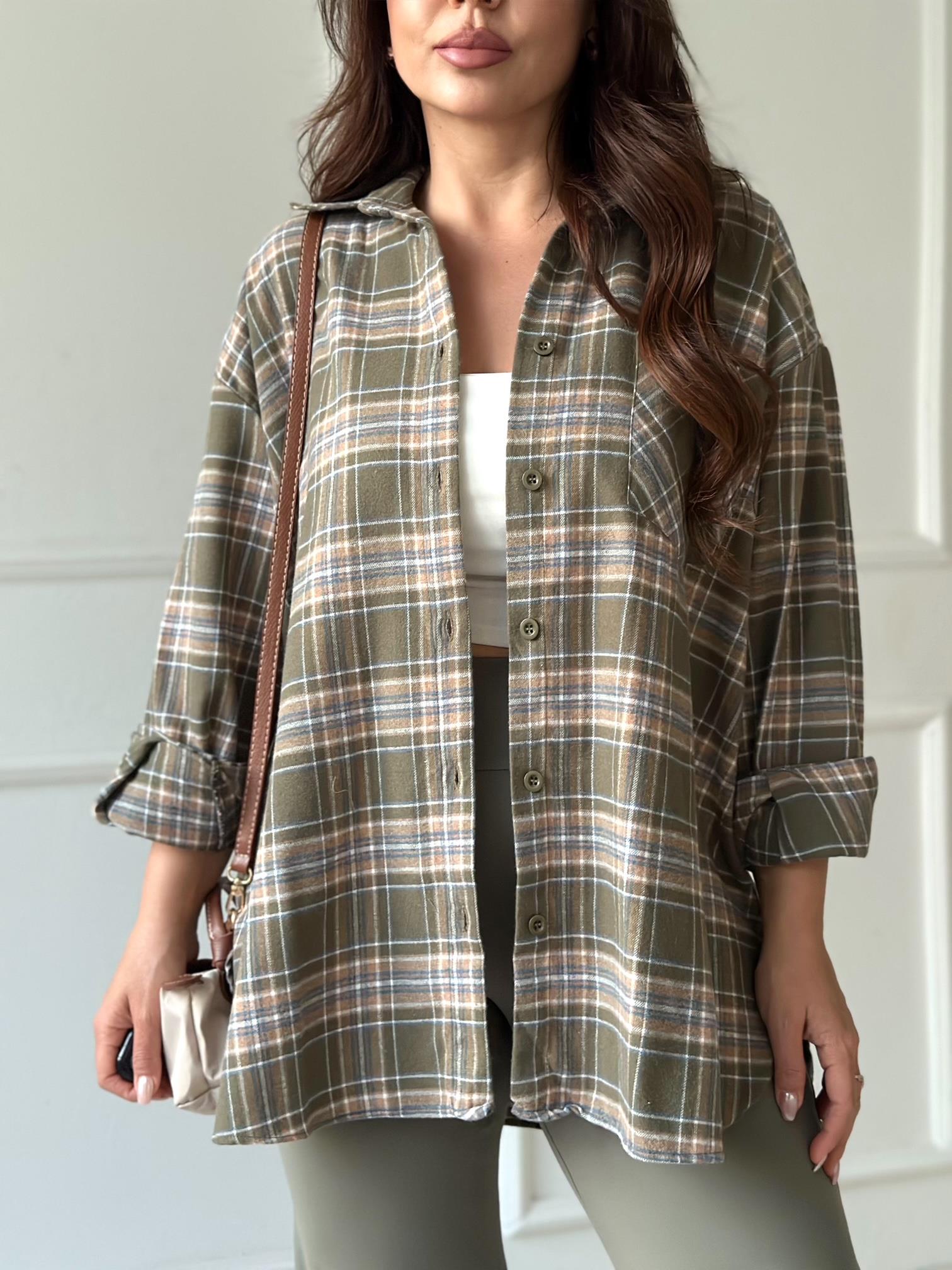 Ekose Oversize Gömlek – Haki · 3