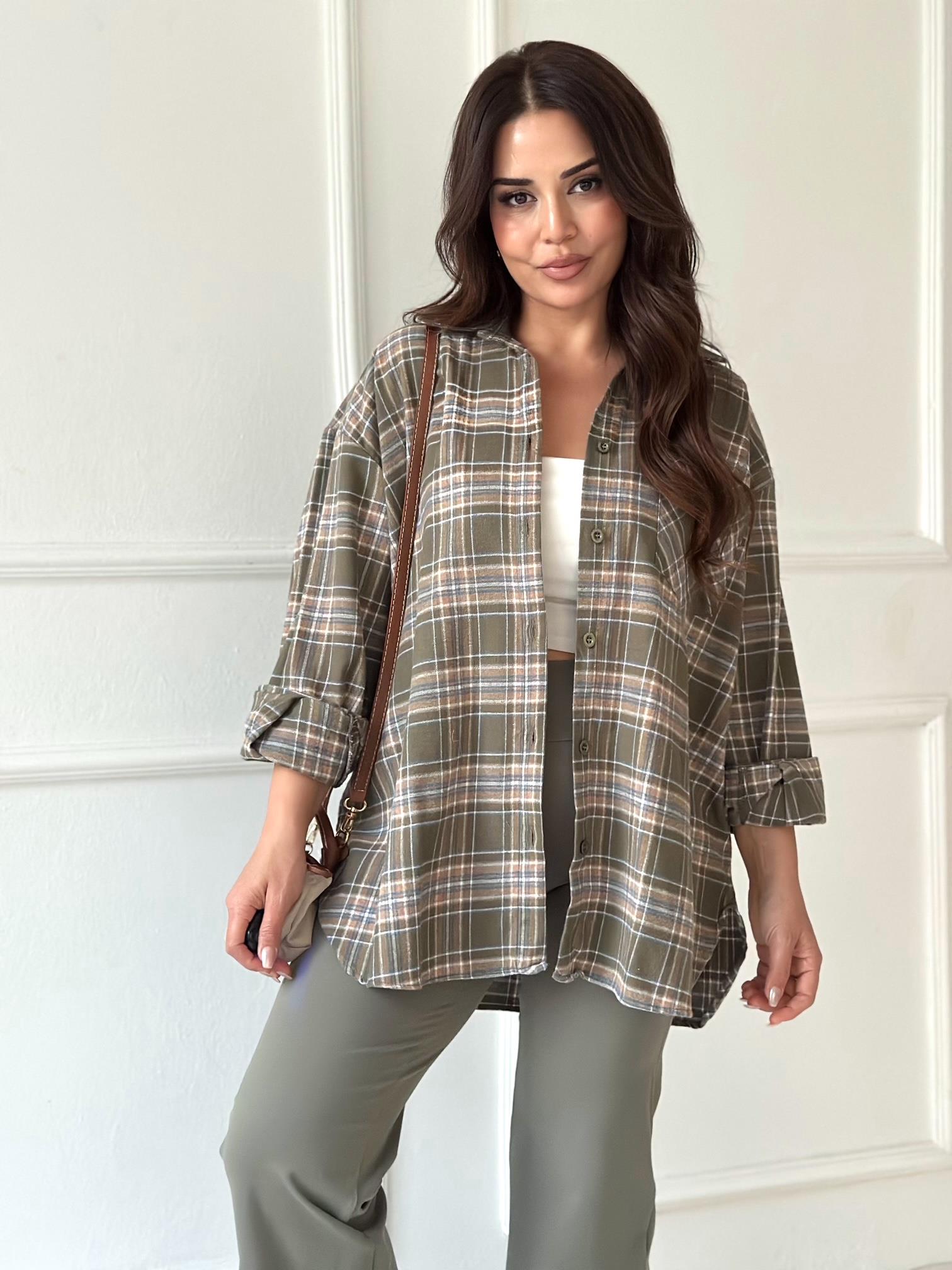 Ekose Oversize Gömlek – Haki