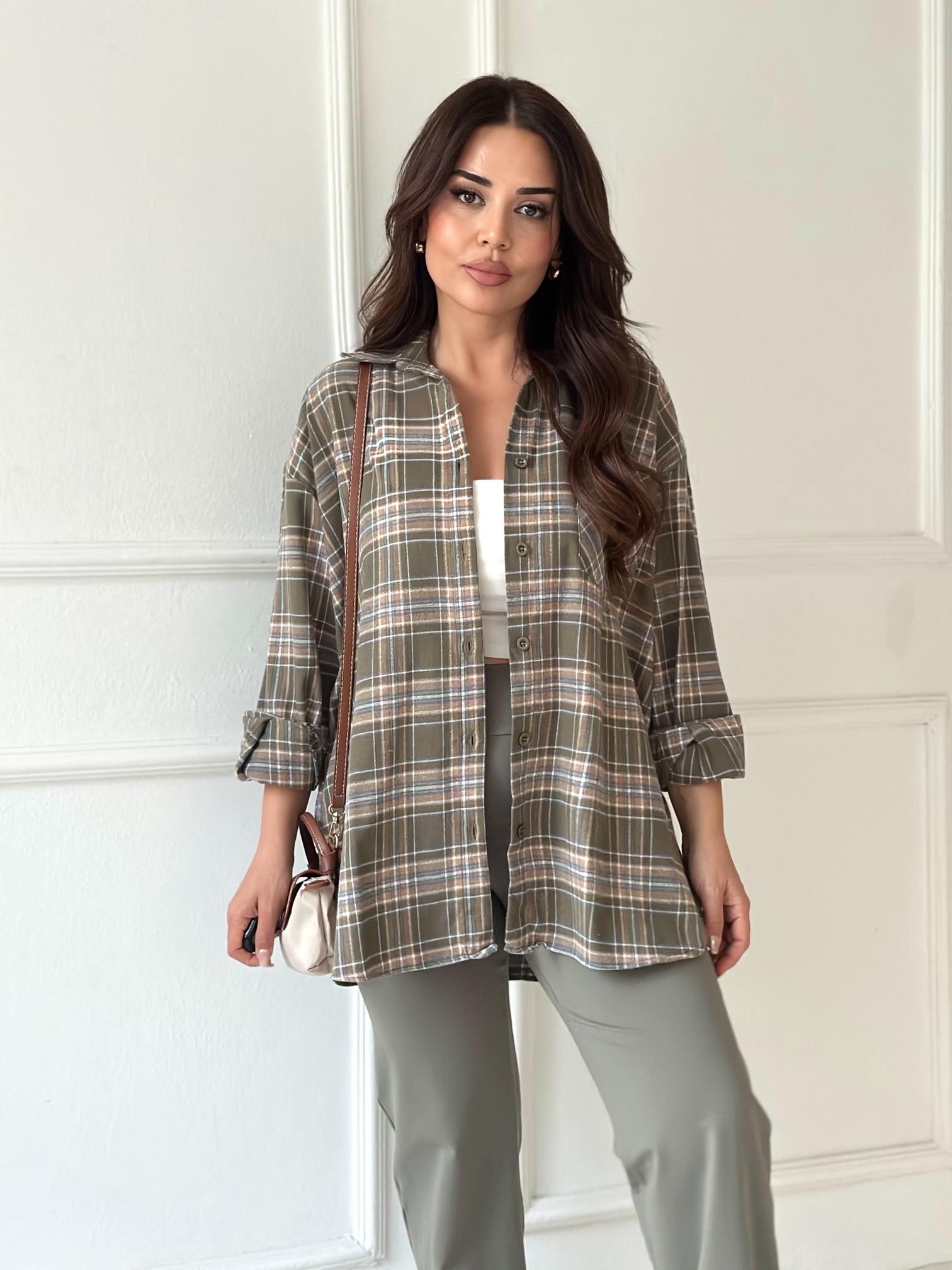 Ekose Oversize Gömlek – Haki · 2