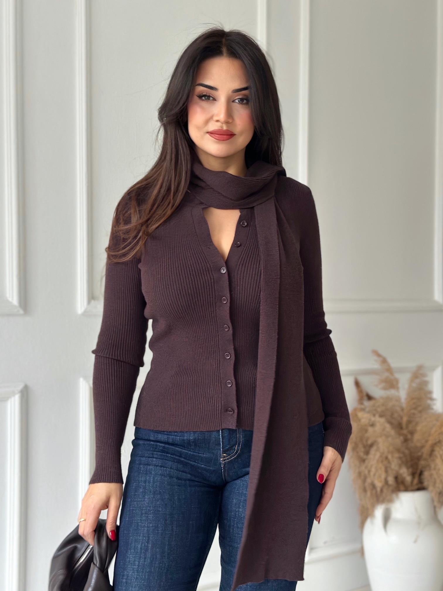 Elara Kendinden Atkılı Premium Triko Bluz - Kahve