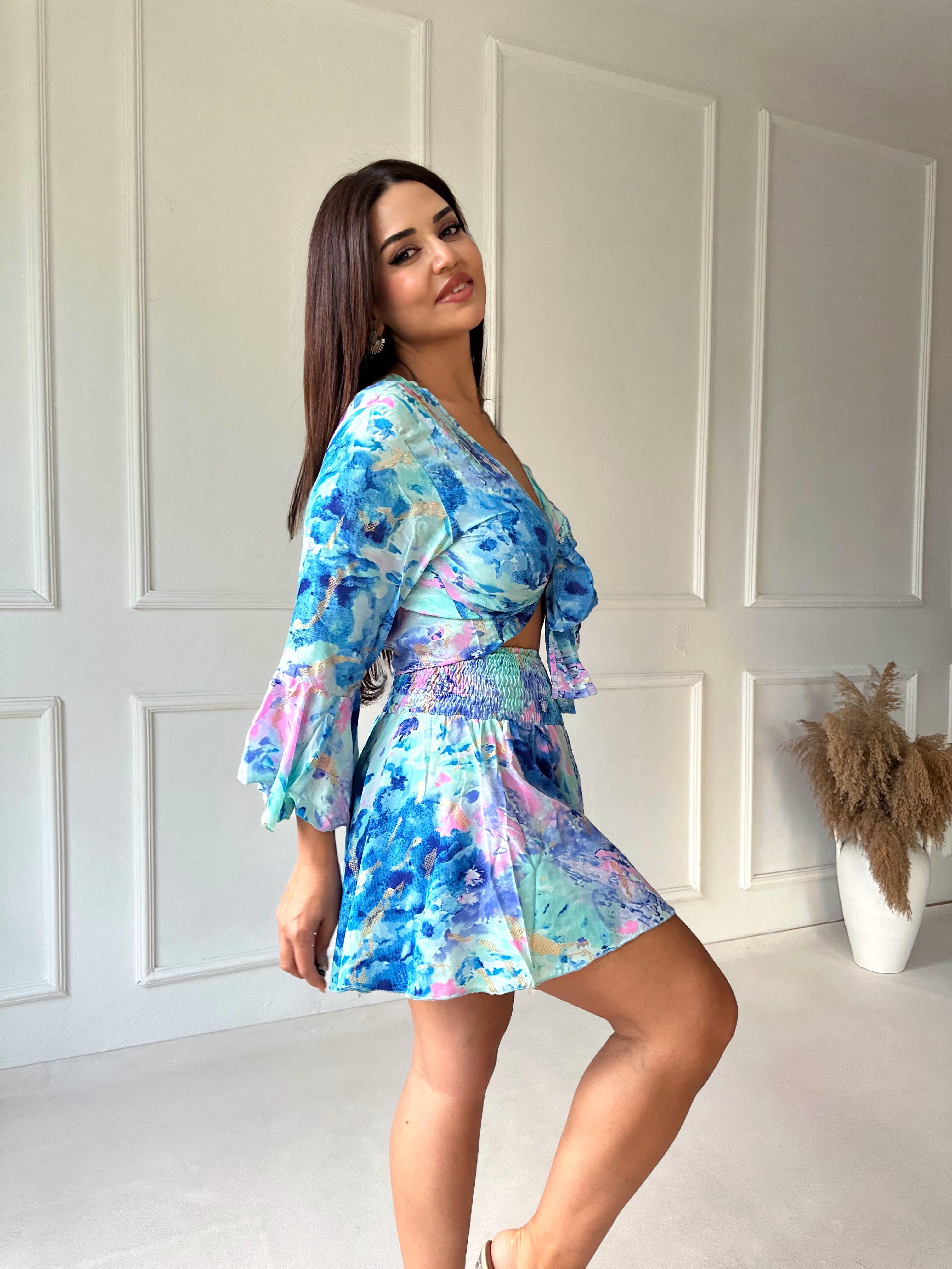 Etnik Desen Saten Bluz Şort Takım - Mavi | Nora Butik · 2
