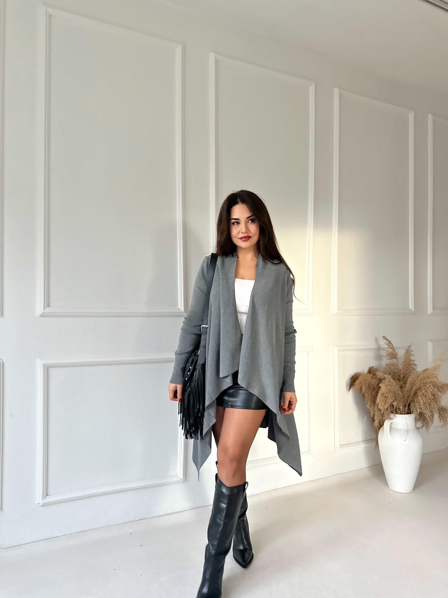 Flow Chic Asimetrik Uzun Hırka - Antrasit