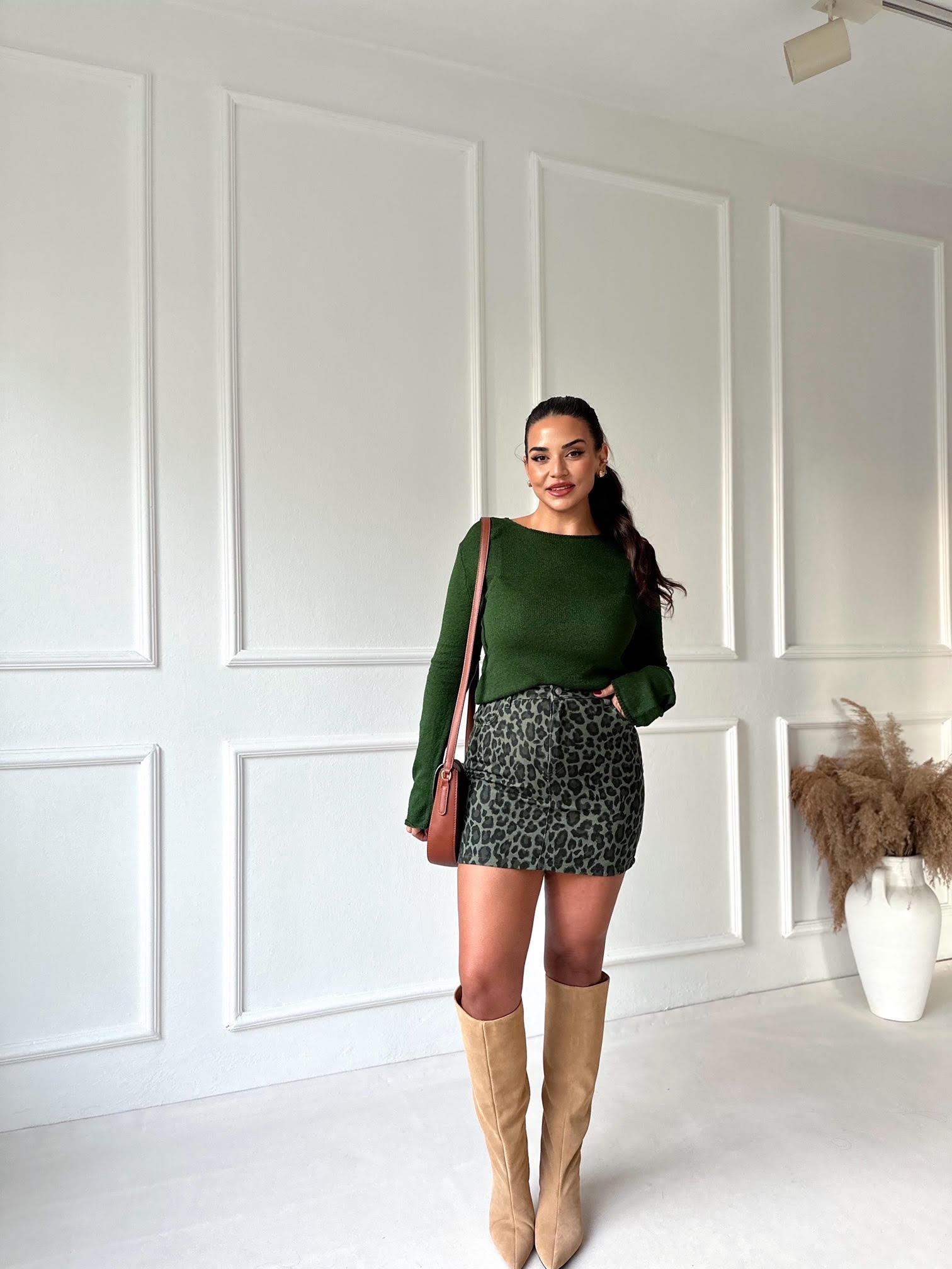 Haki Leopar Desen Kot Etek