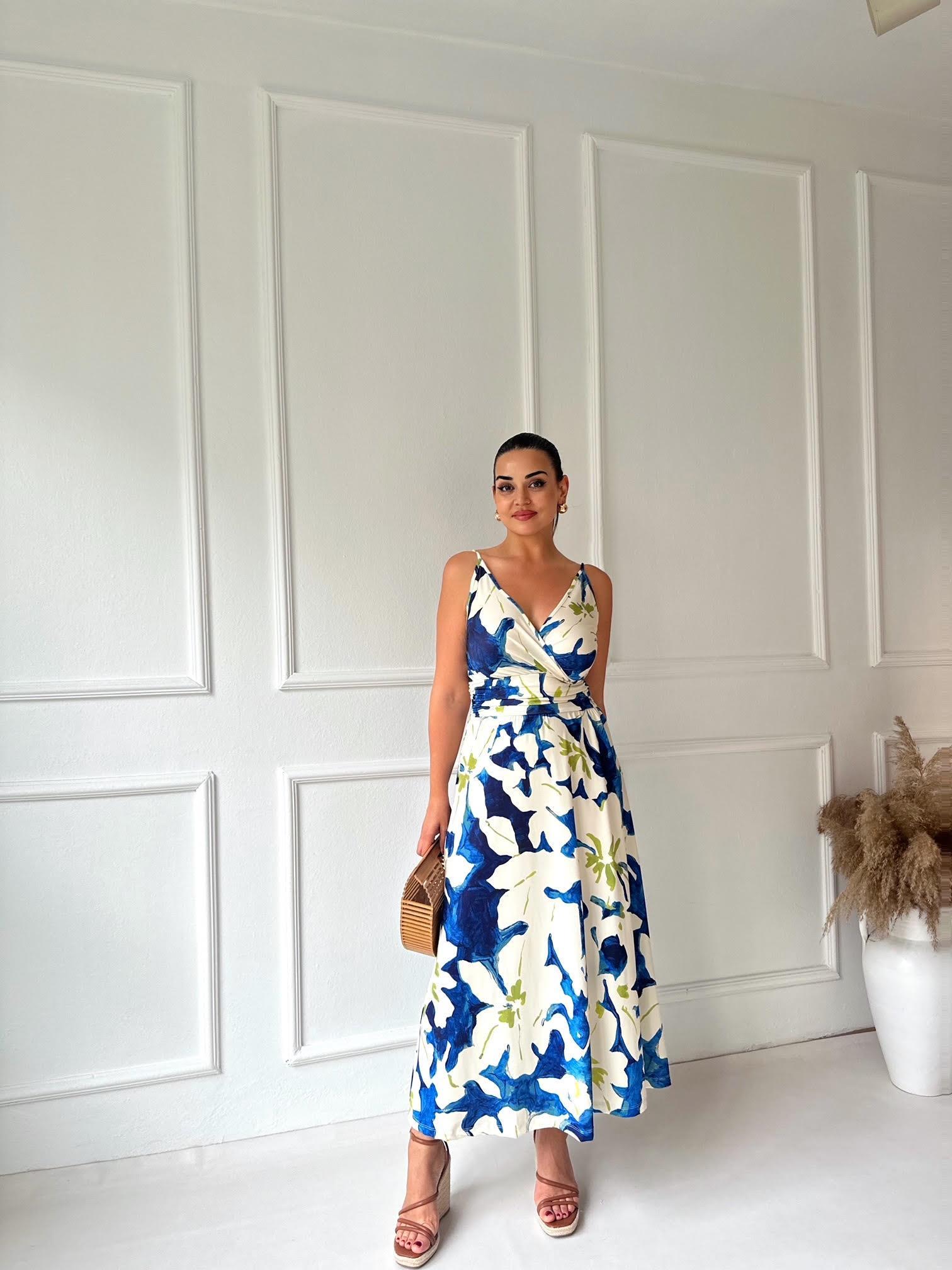 İp Askılı Kruvaze Çiçek Desenli Maksi Elbise 