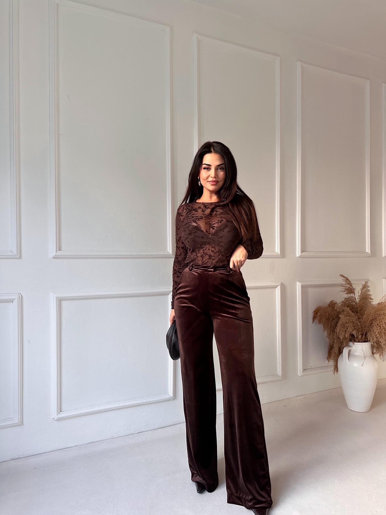 Kadife Palazzo Pantolon Kahve | Nora Butik