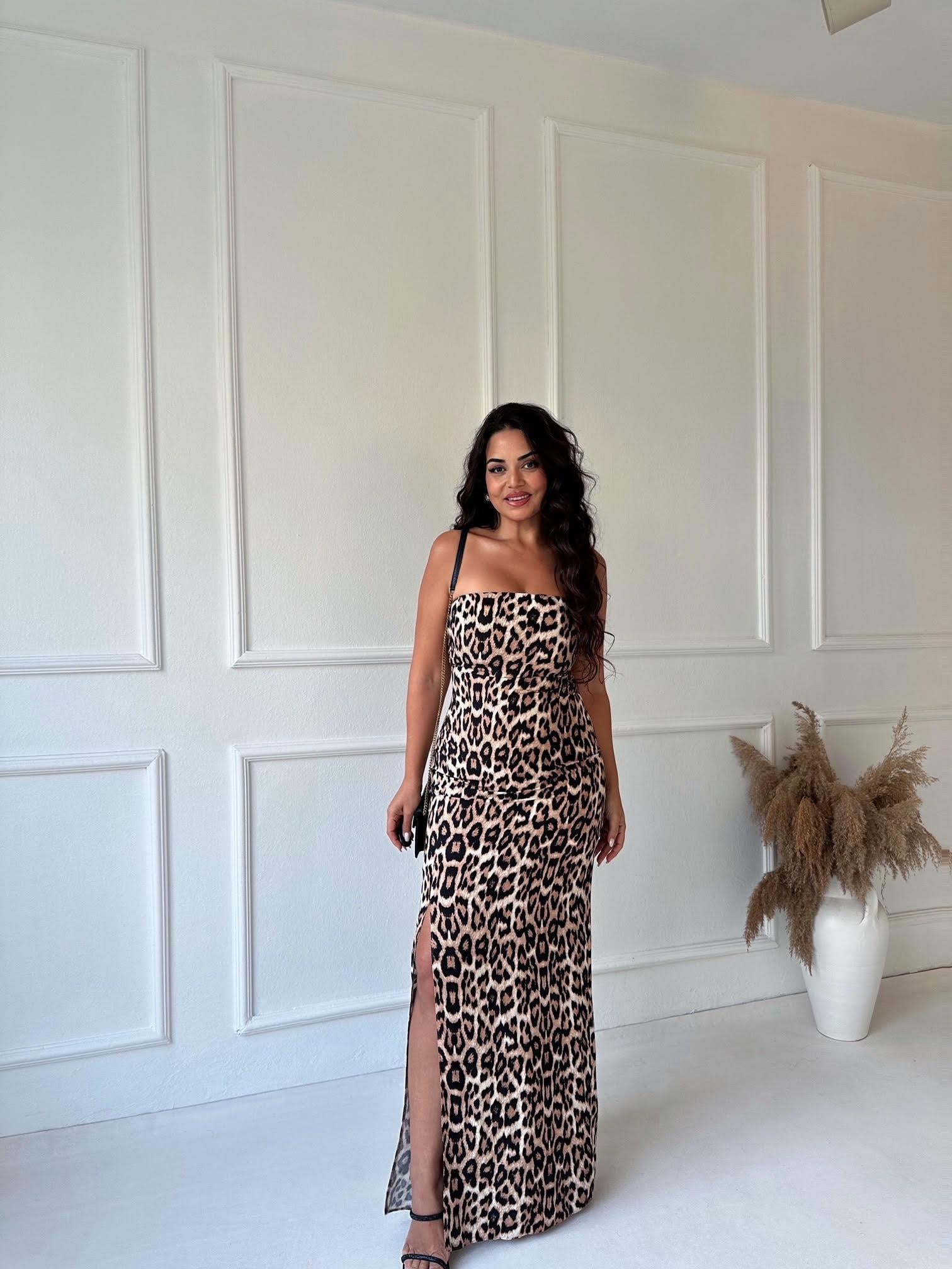 Leopar Desenli Straplez Maksi Elbise