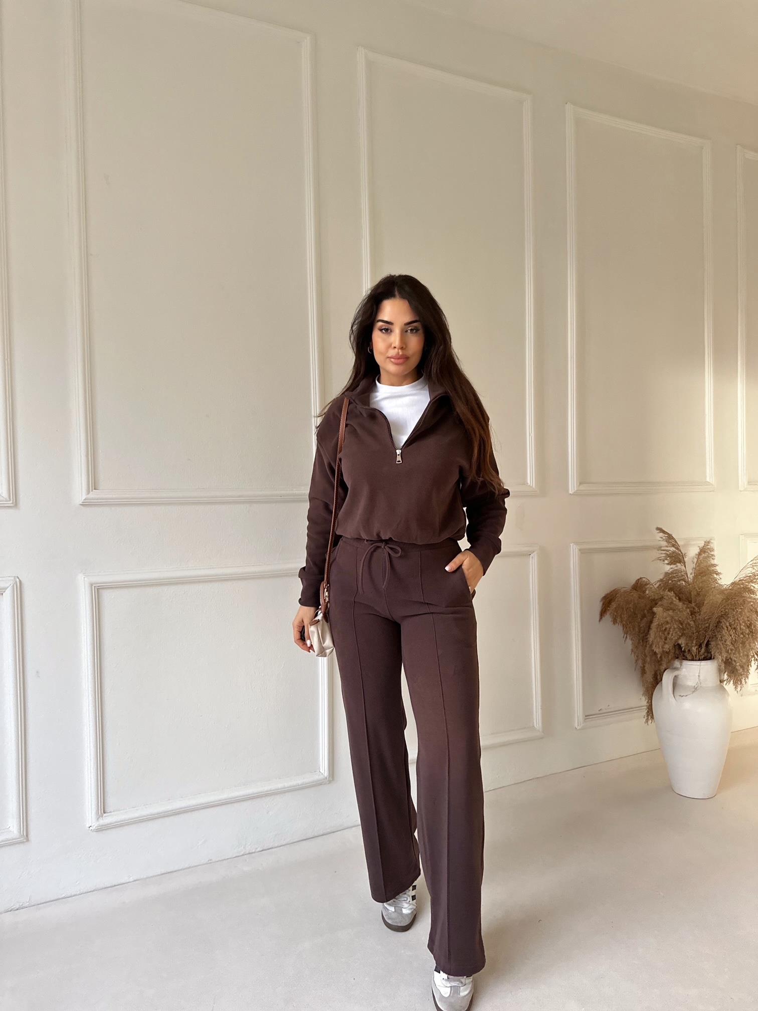 Lina Fermuar Detaylı Pamuklu Takım- Kahve