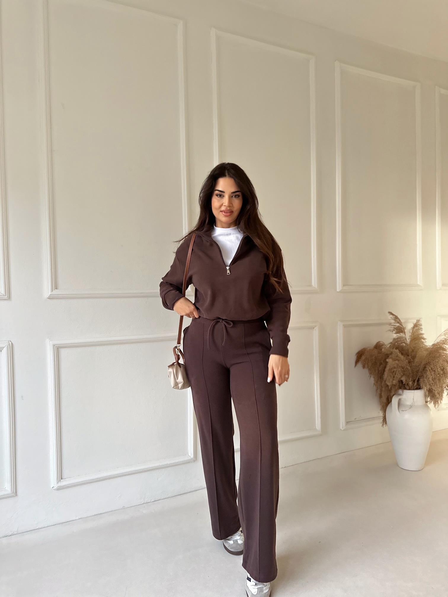 Lina Fermuar Detaylı Pamuklu Takım- Kahve · 2