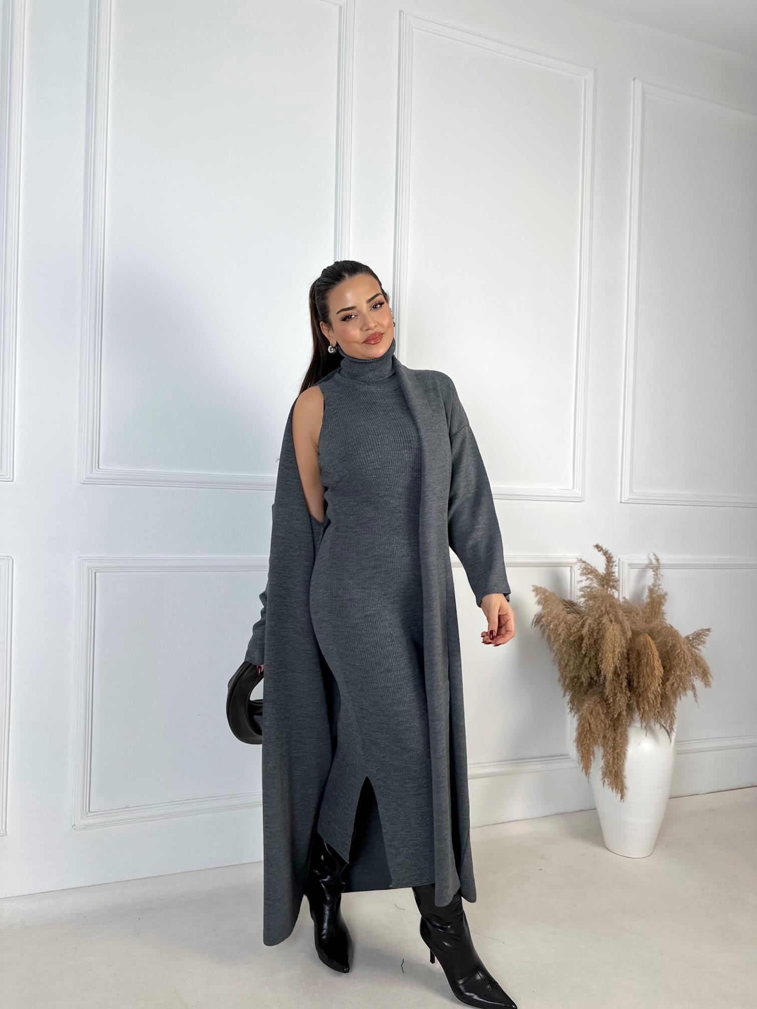 Lüks Kalite Antrasit Kolsuz Triko Elbise Ve Hırka Takım | Nora Butik · 2
