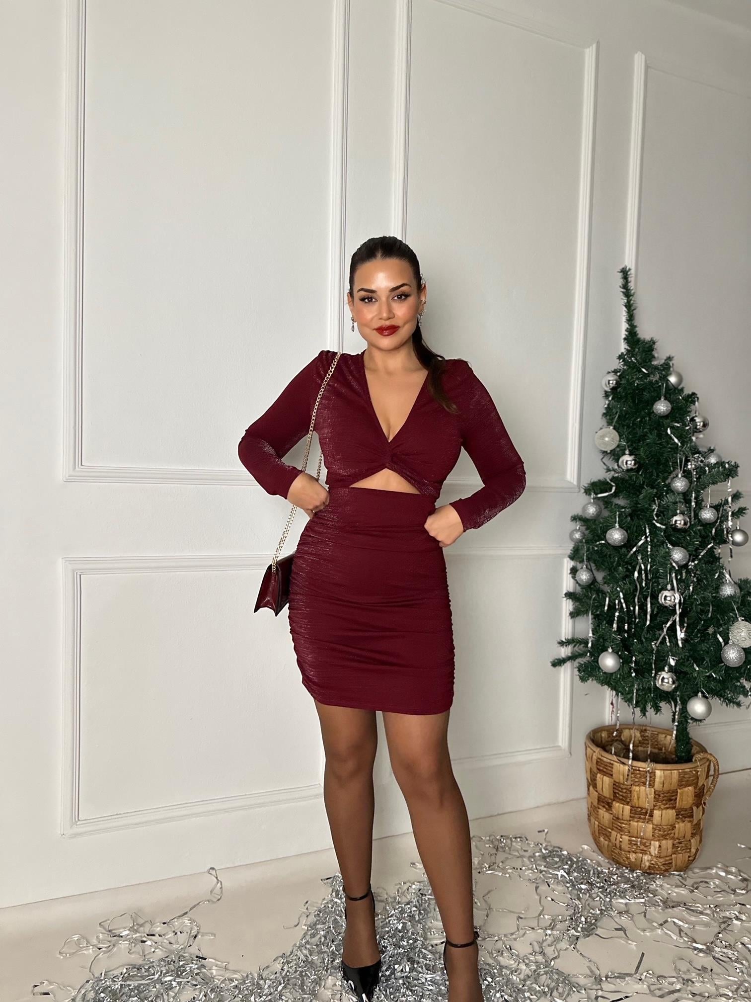 Lüks Kalite Bel Dekolteli Bordo Kısa Elbise