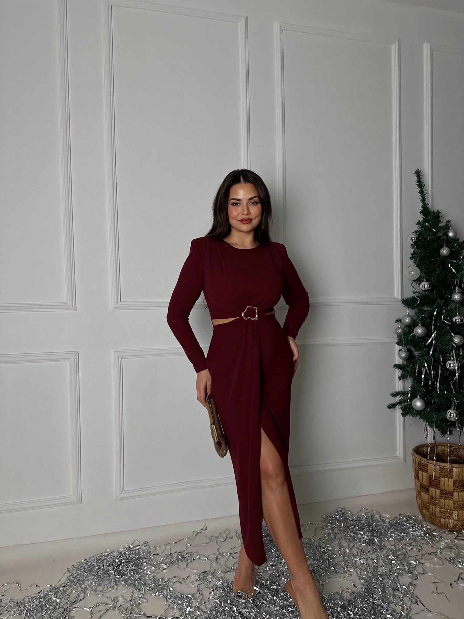 Lüks Kalite Bel Dekolteli Bordo Midi Elbise