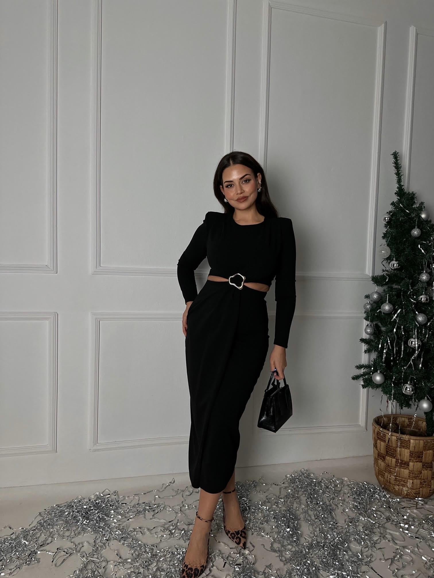 Lüks Kalite Bel Dekolteli Siyah Midi Elbise