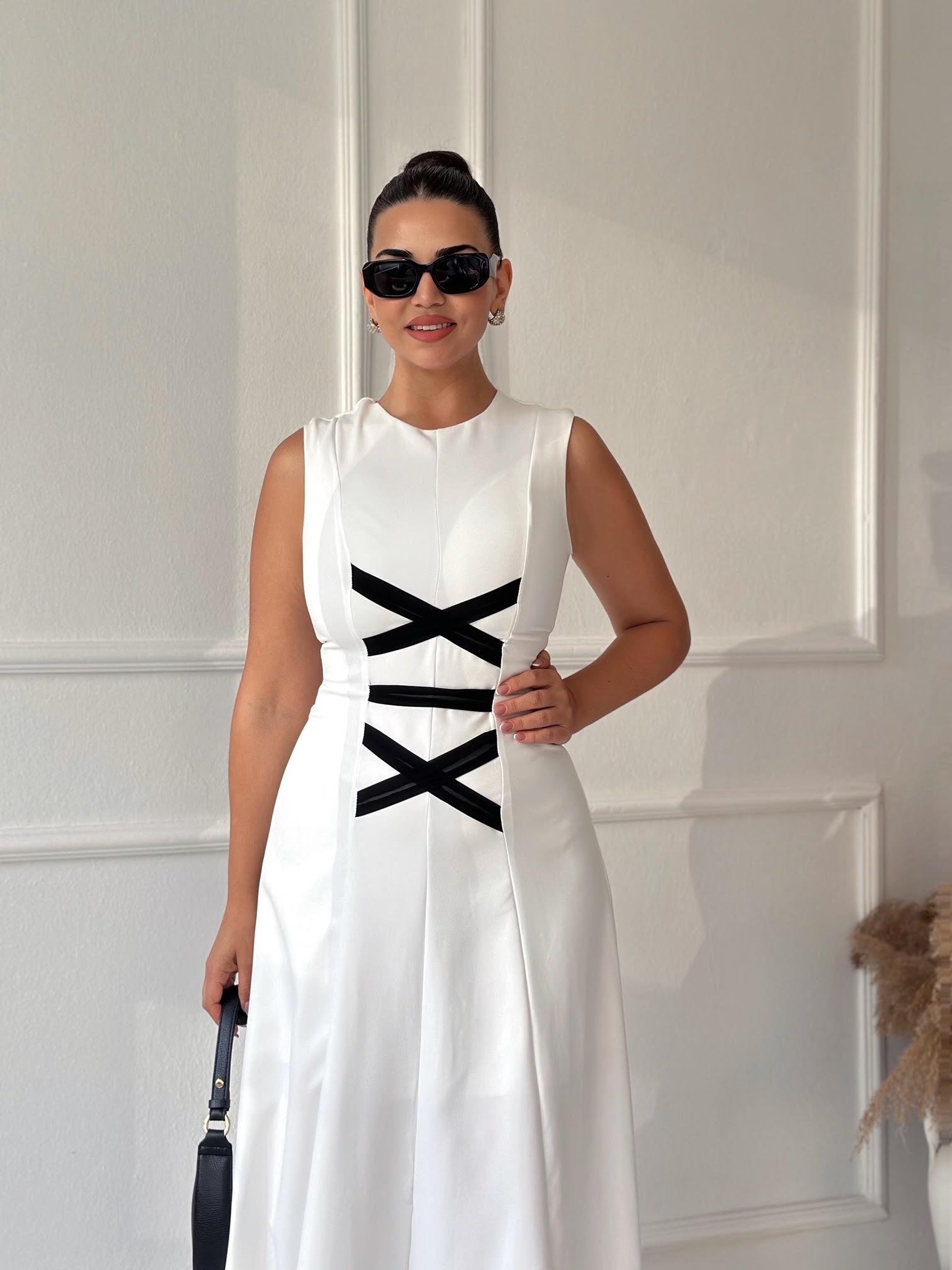 Lüks Kalite Beyaz Siyah Şeritli Kgkg Serenay Elbisesi | Nora Butik · 5