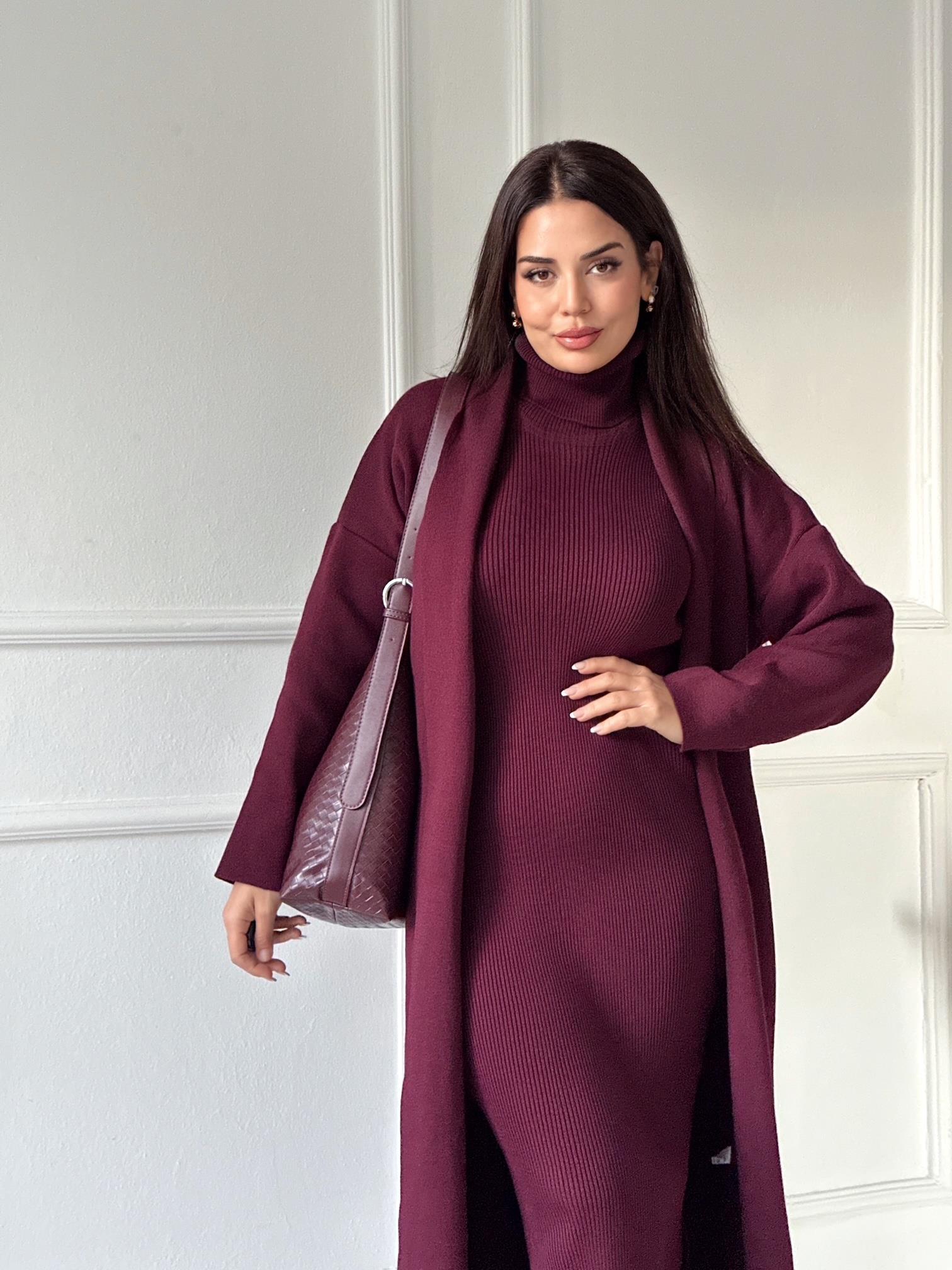 Lüks Kalite Bordo Kolsuz Triko Elbise Ve Hırka Takım | Nora Butik · 6
