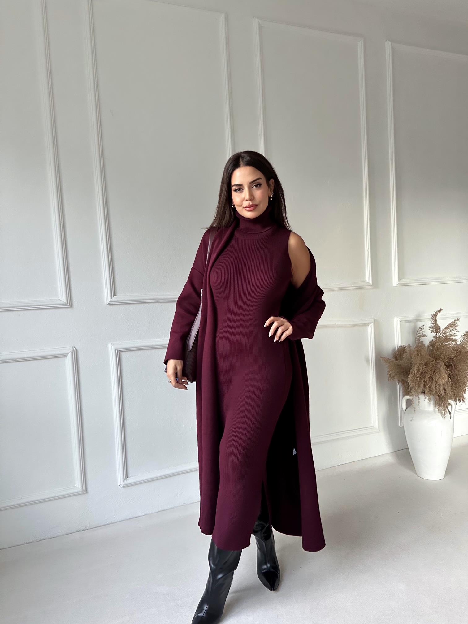 Lüks Kalite Bordo Kolsuz Triko Elbise Ve Hırka Takım | Nora Butik