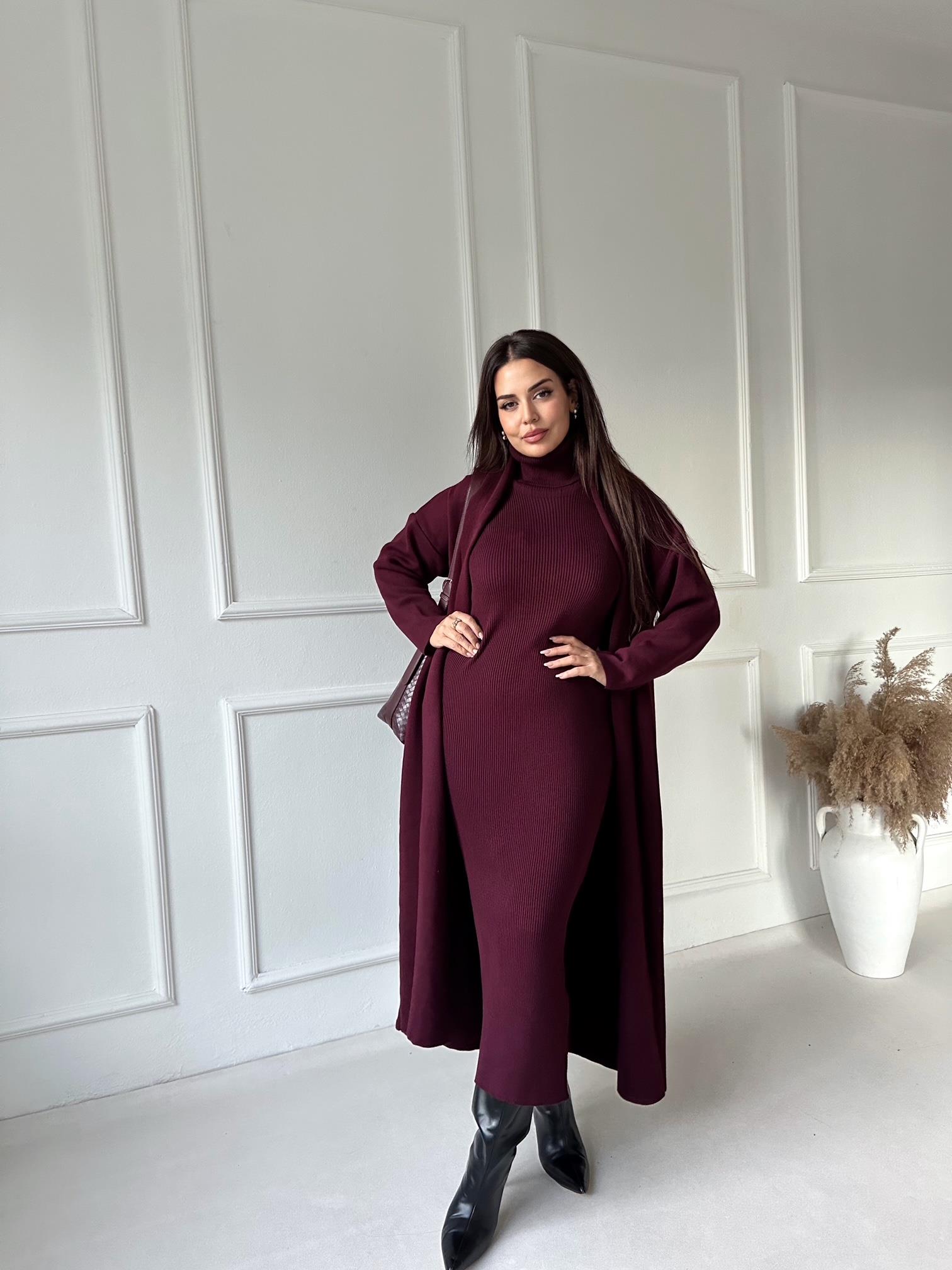 Lüks Kalite Bordo Kolsuz Triko Elbise Ve Hırka Takım | Nora Butik · 2