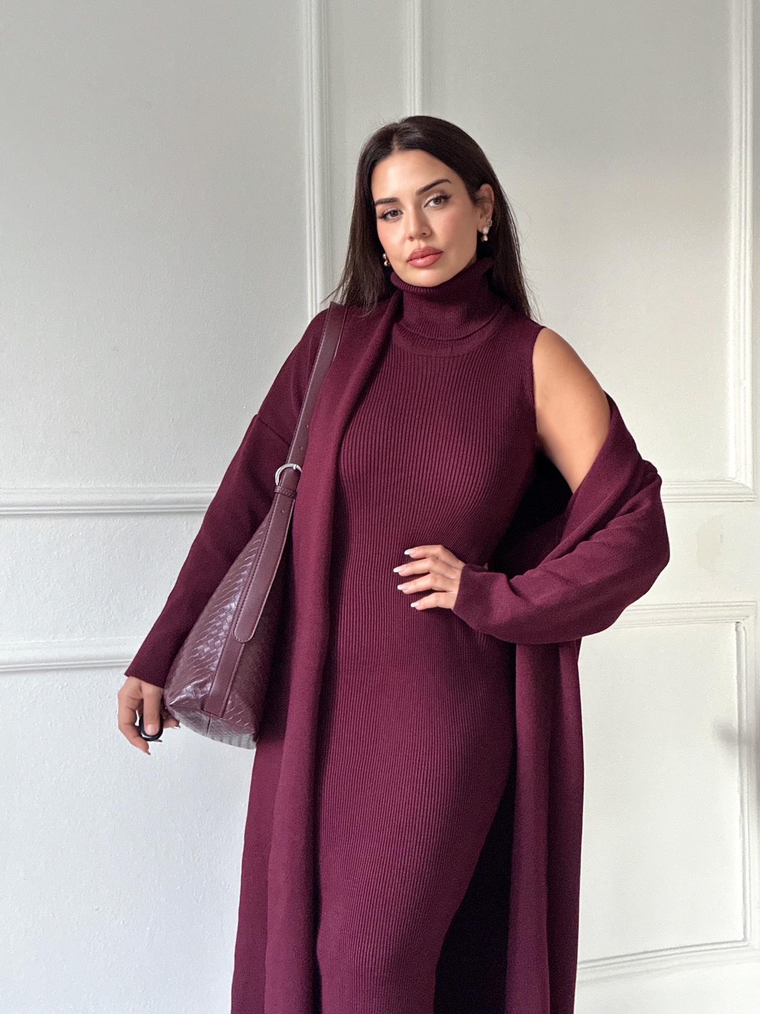 Lüks Kalite Bordo Kolsuz Triko Elbise Ve Hırka Takım | Nora Butik · 5