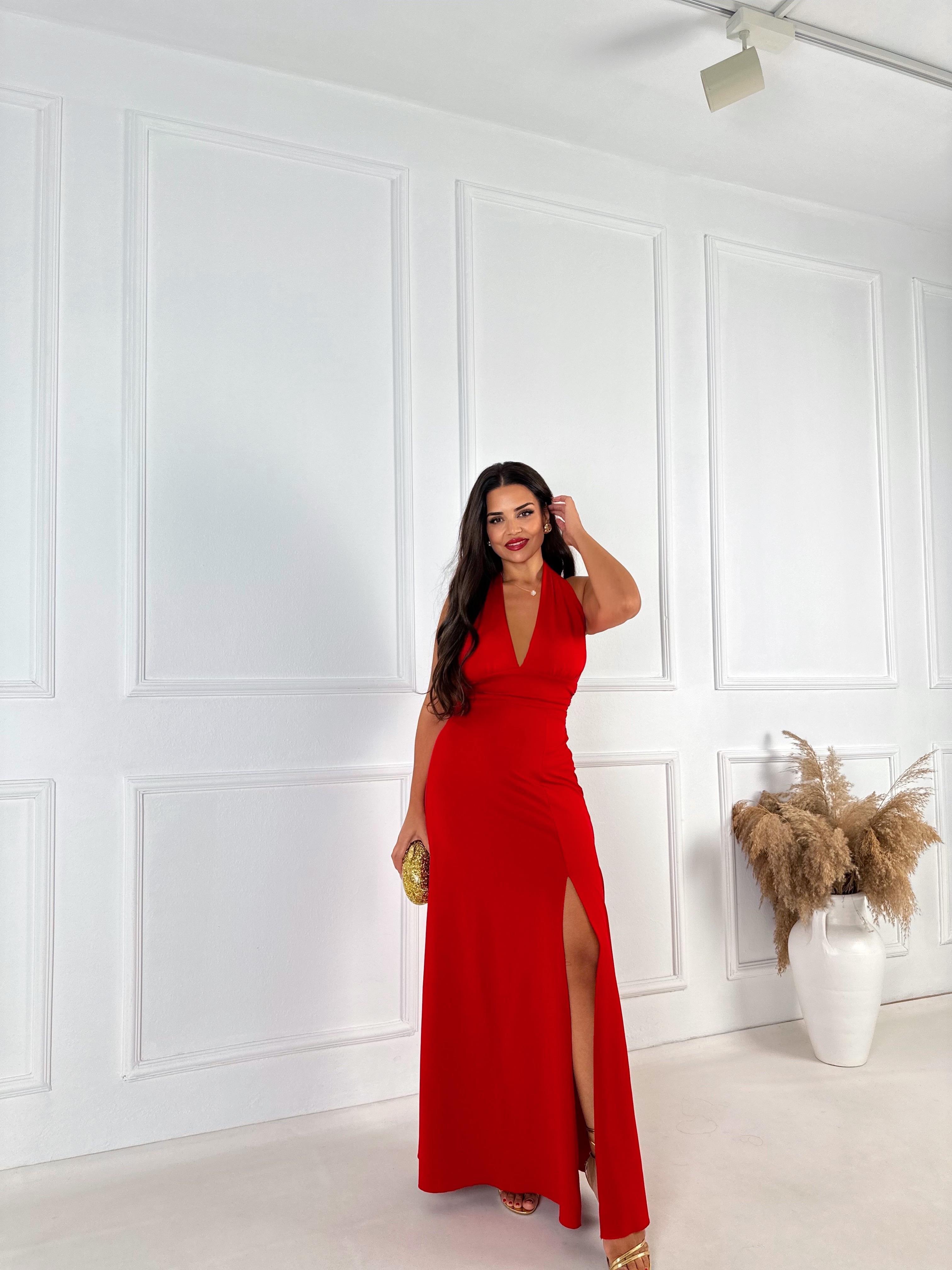 Lüks Kalite Boyundan Bağlamalı Kırmızı Maksi Elbise