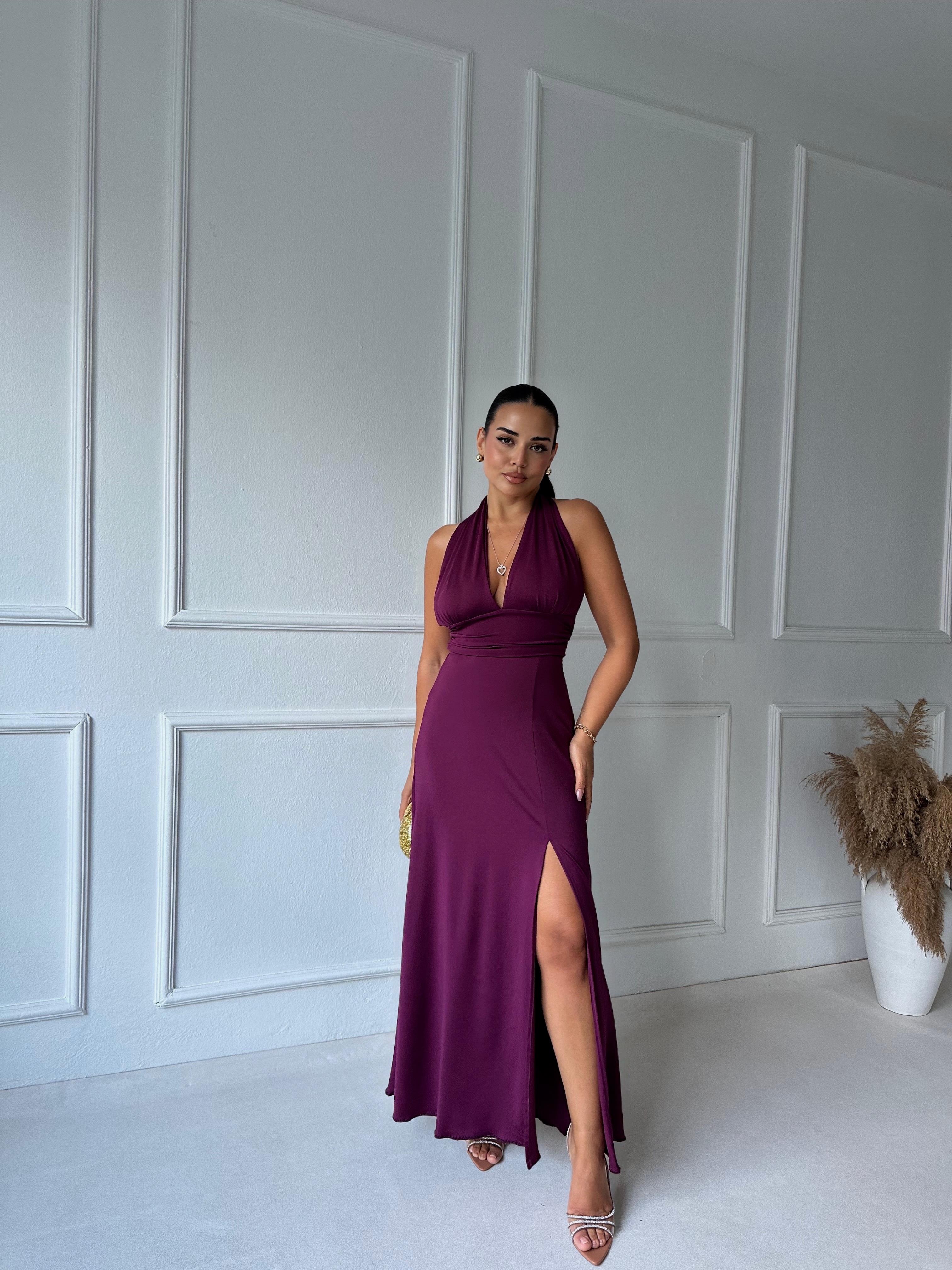 Lüks Kalite Boyundan Bağlamalı Mürdüm Maksi Elbise | Nora Butik