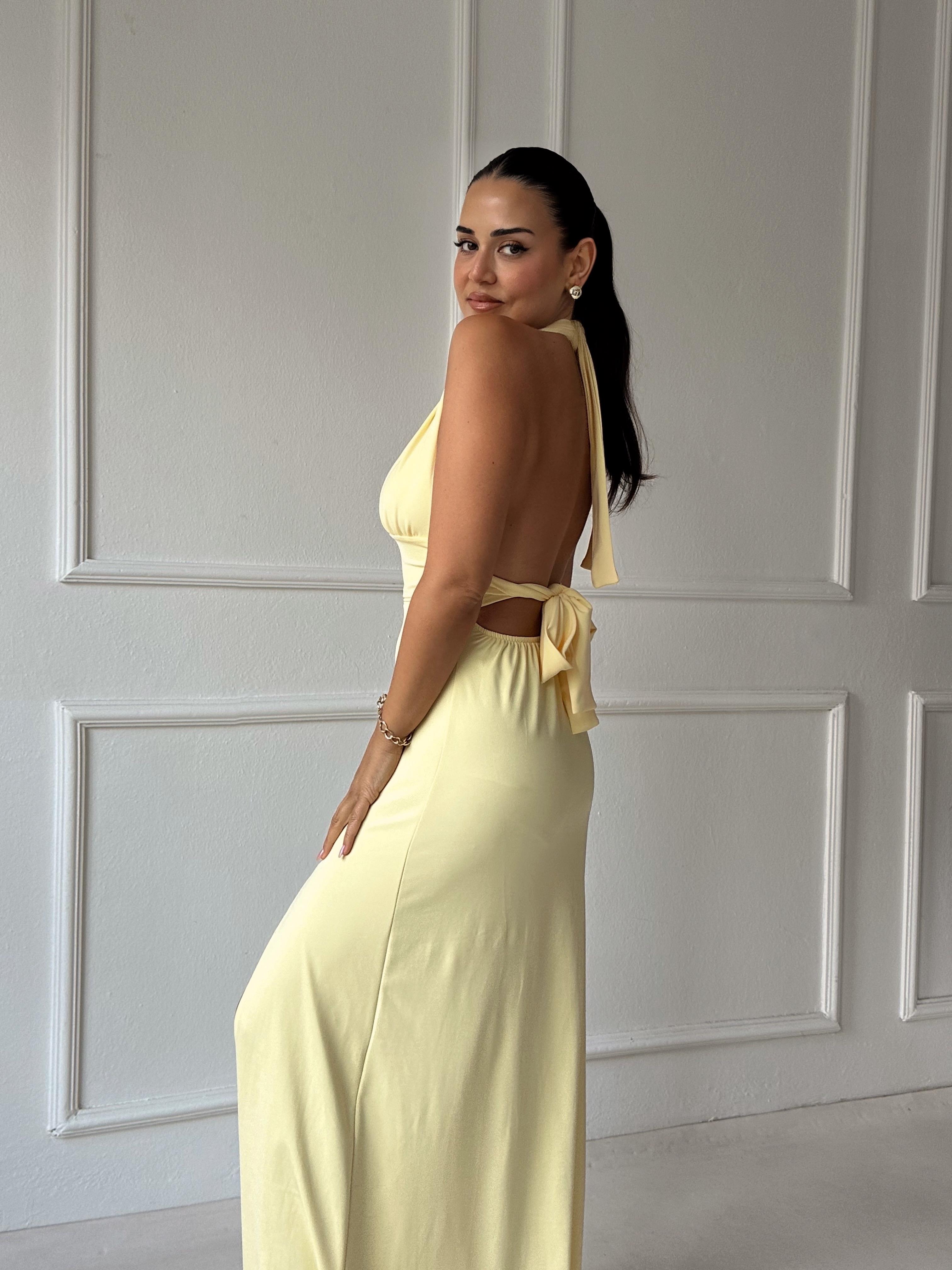 Lüks Kalite Boyundan Bağlamalı Sarı Maksi Elbise | Nora Butik