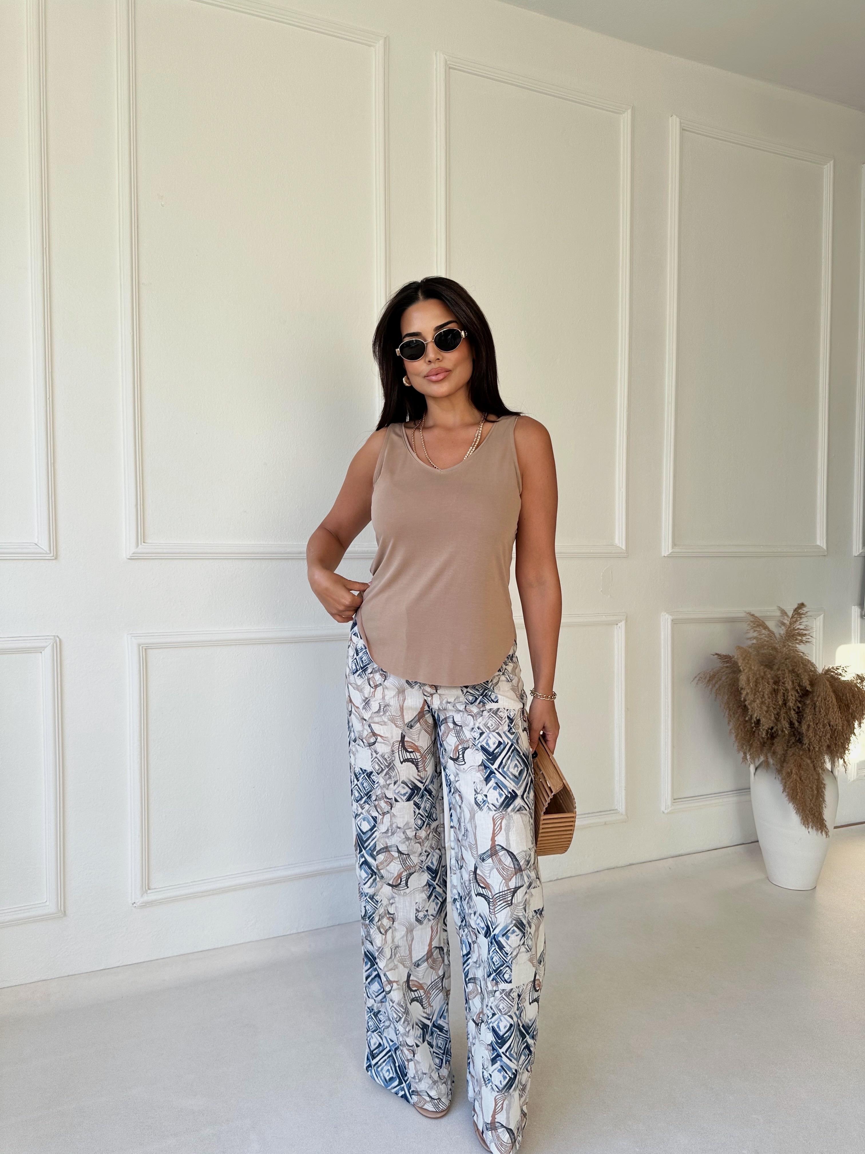 Lüks Kalite Desenli Bol Paça Keten Pantolon