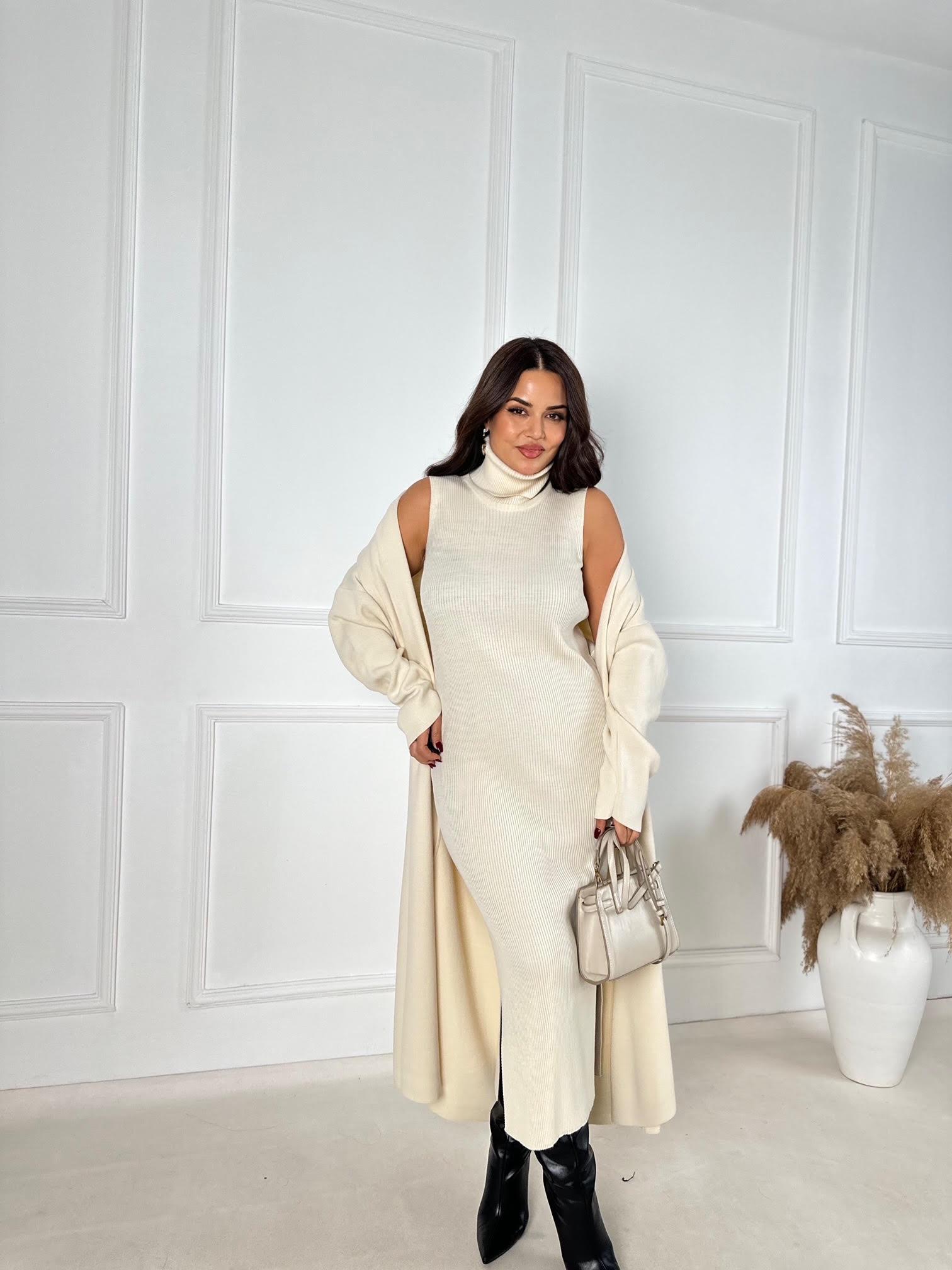 Lüks Kalite Ekru Kolsuz Triko Elbise Ve Hırka Takım | Nora Butik · 6