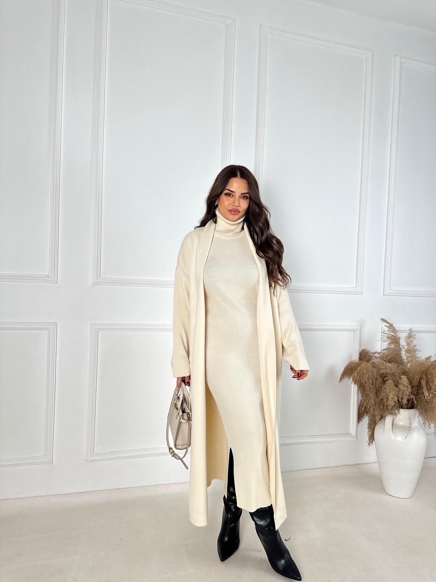 Lüks Kalite Ekru Kolsuz Triko Elbise Ve Hırka Takım | Nora Butik · 9