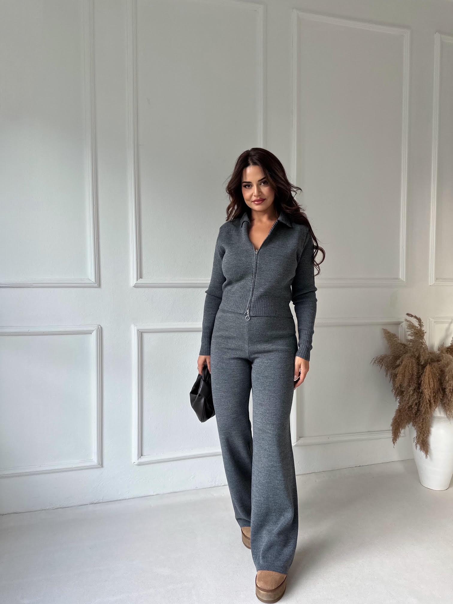 Lüks Kalite Fermuarlı Antrasit Ceket Pantolon Triko Takım 