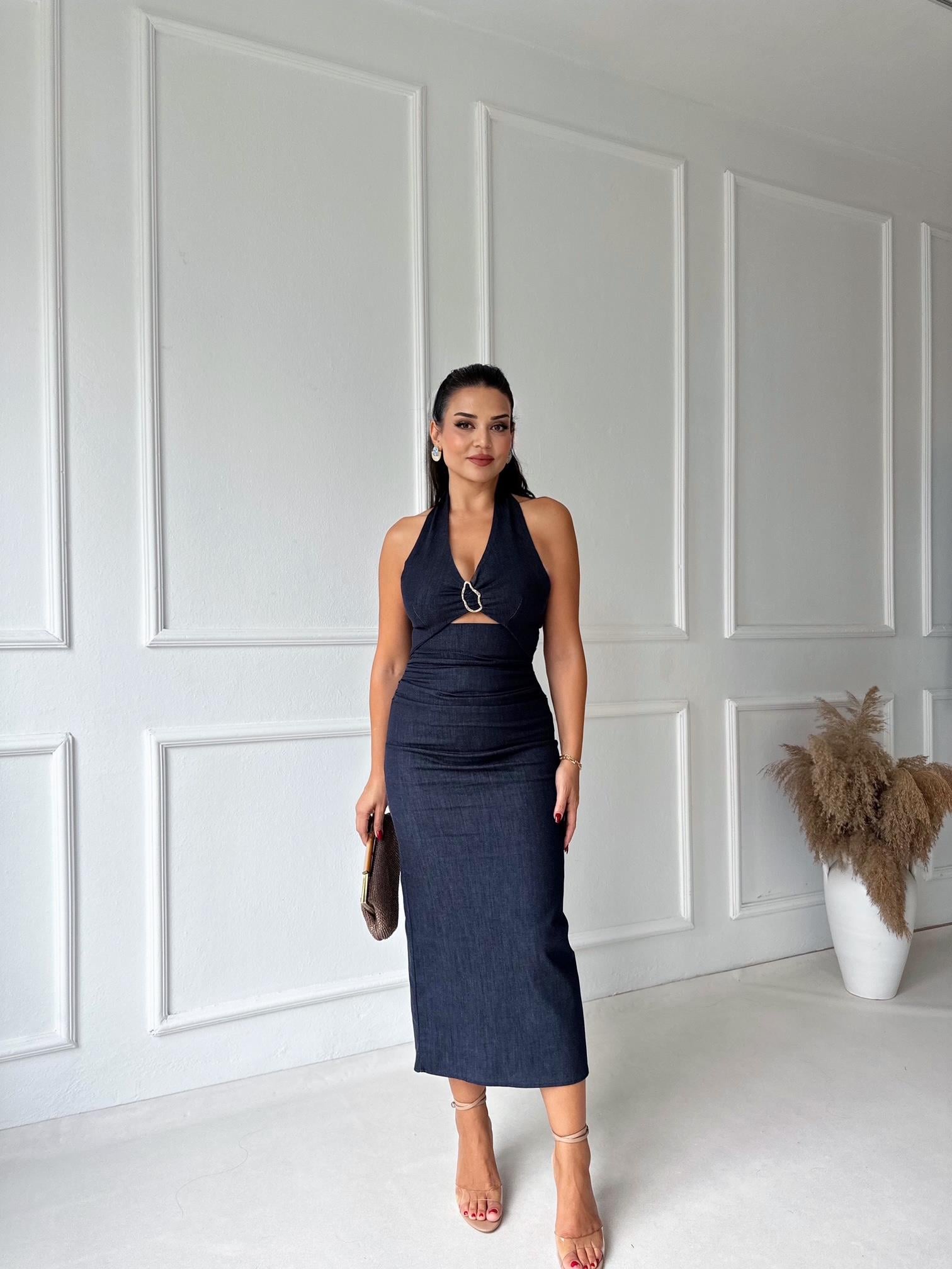 Lüks Kalite Halter Yaka Denim Kalem Elbise 