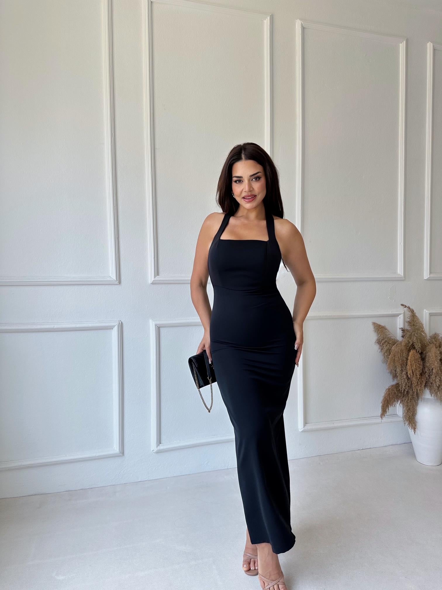 Lüks Kalite Halter Yaka Kalem Midi Elbise 