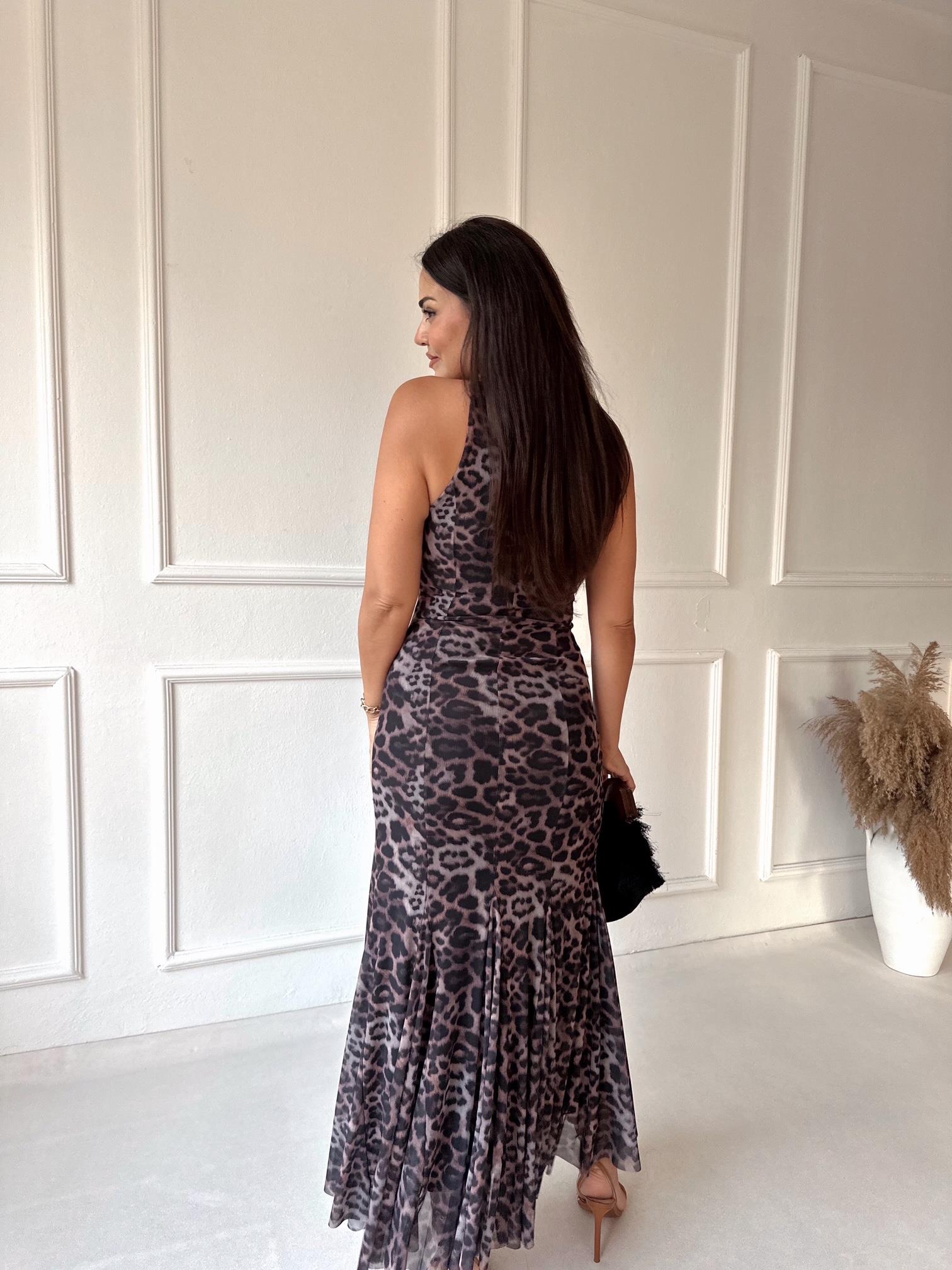 Lüks kalite halter yaka leopar desen yırtmaçlı maksi elbise - Nora Butik · 6