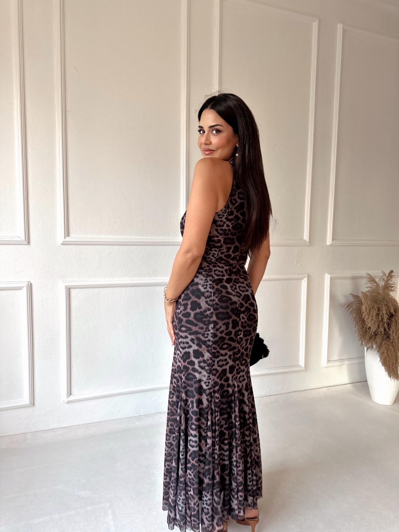 Lüks kalite halter yaka leopar desen yırtmaçlı maksi elbise - Nora Butik · 3