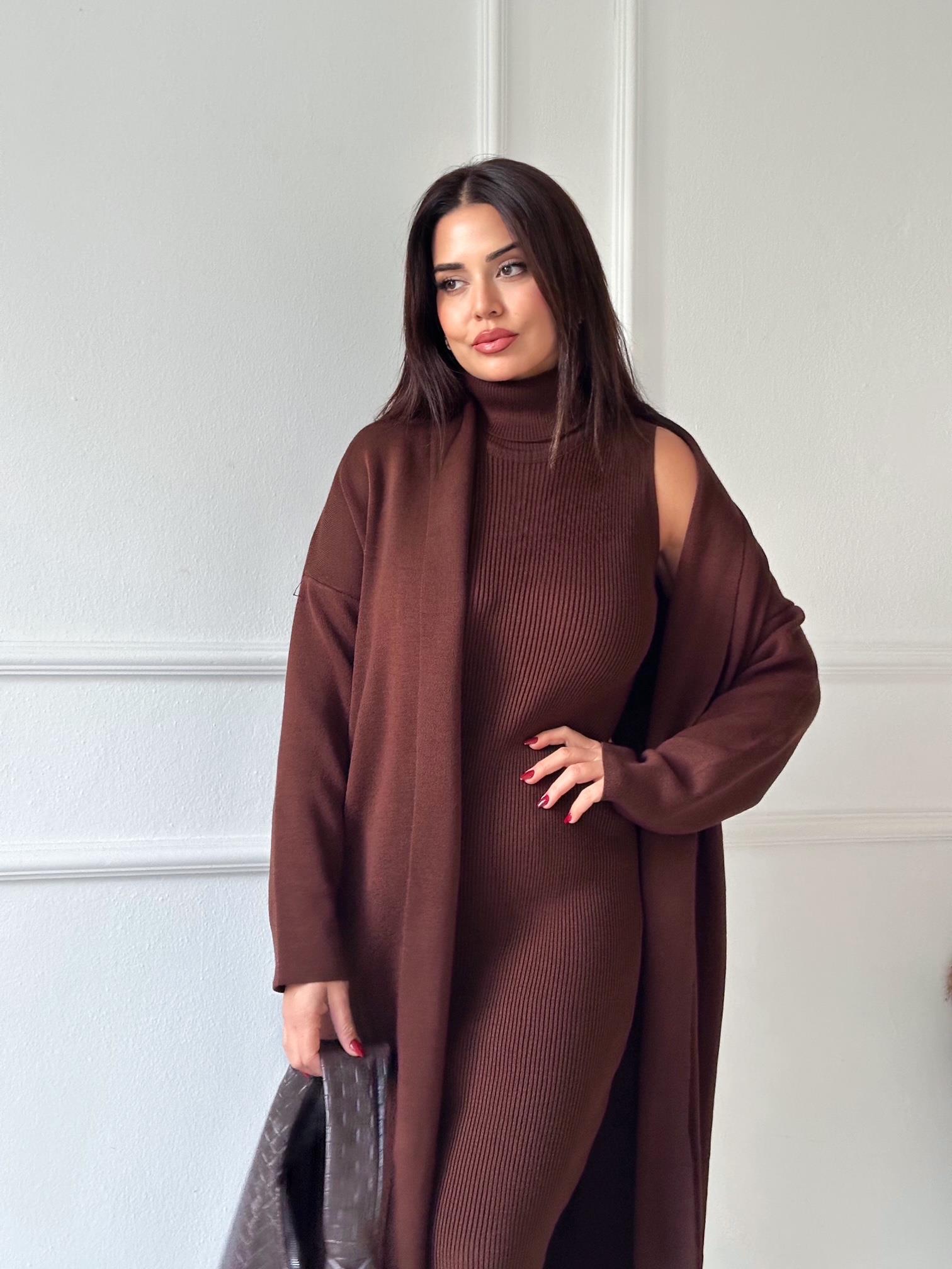 Lüks Kalite Kahve Kolsuz Triko Elbise Ve Hırka Takım | Nora Butik · 4