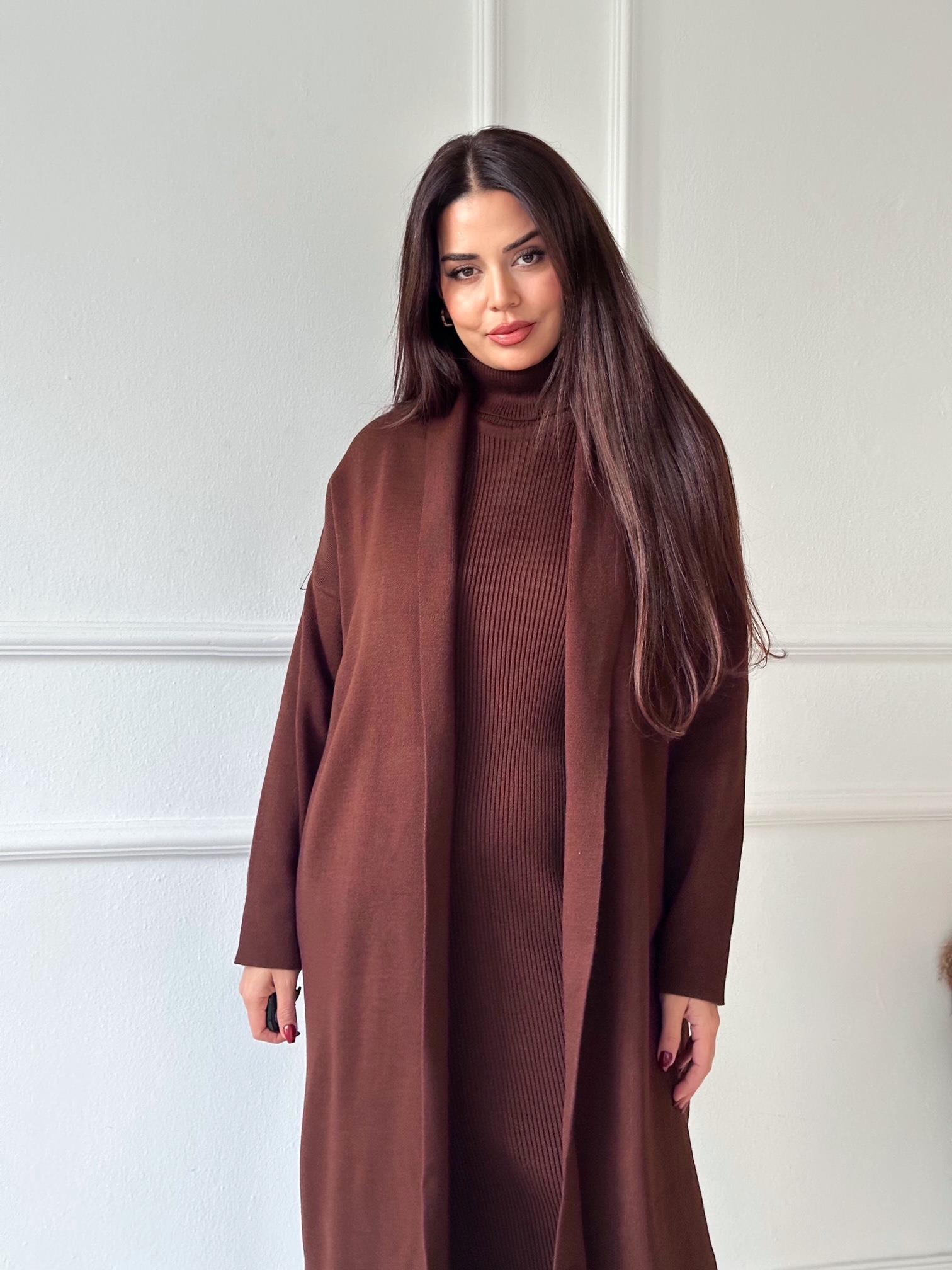 Lüks Kalite Kahve Kolsuz Triko Elbise Ve Hırka Takım | Nora Butik · 9