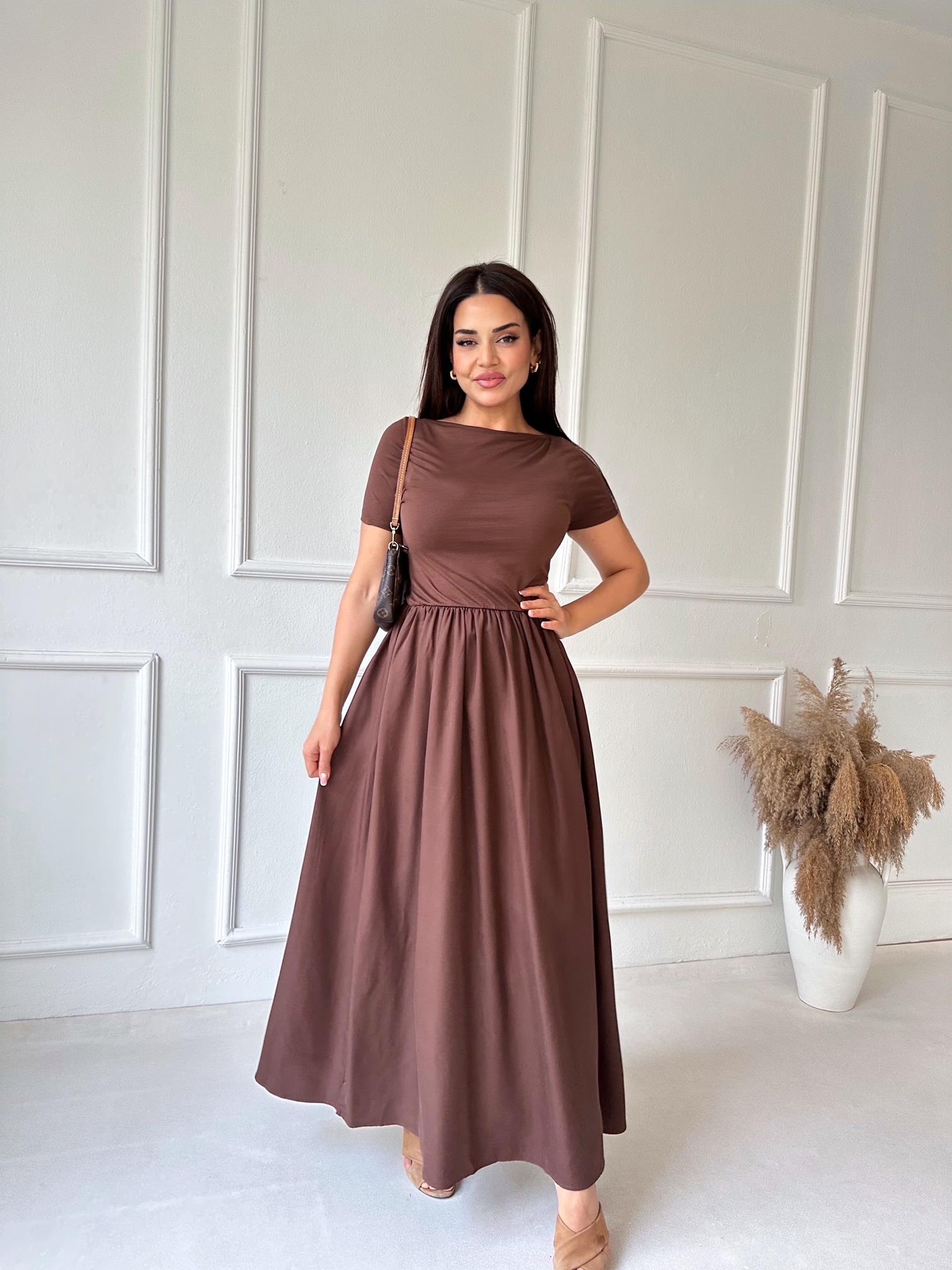 Lüks Kalite Kayık Yaka Yarım Kollu Diana Maksi Elbise - Kahve
