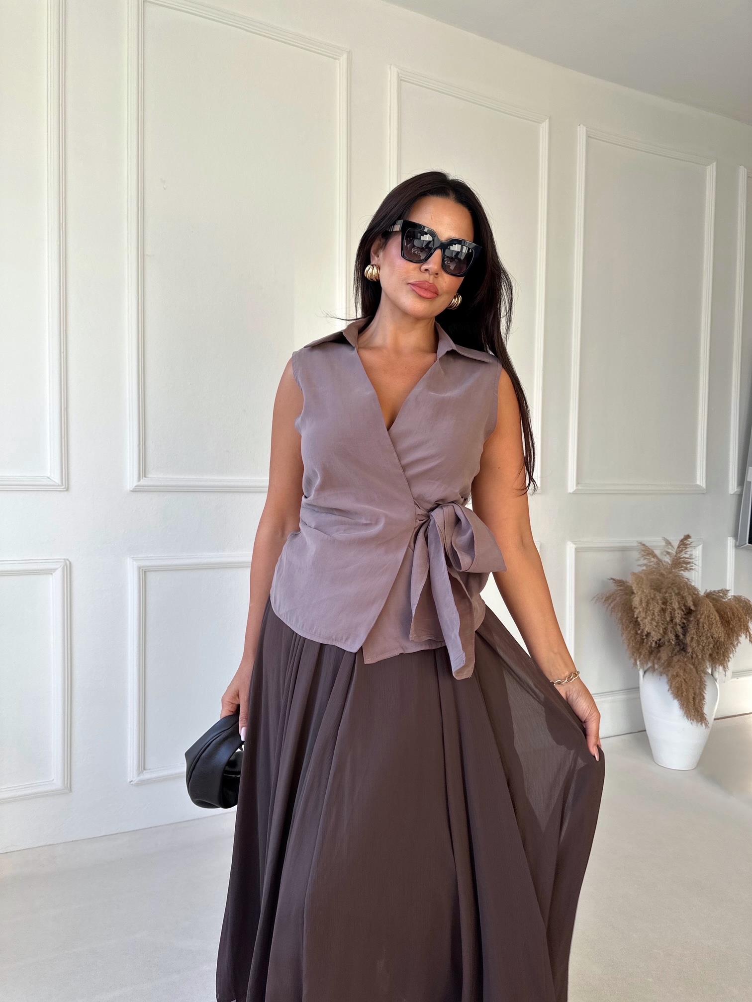 Lüks Kalite Kolsuz Kruvaze Gömlek Kahve - Nora Butik