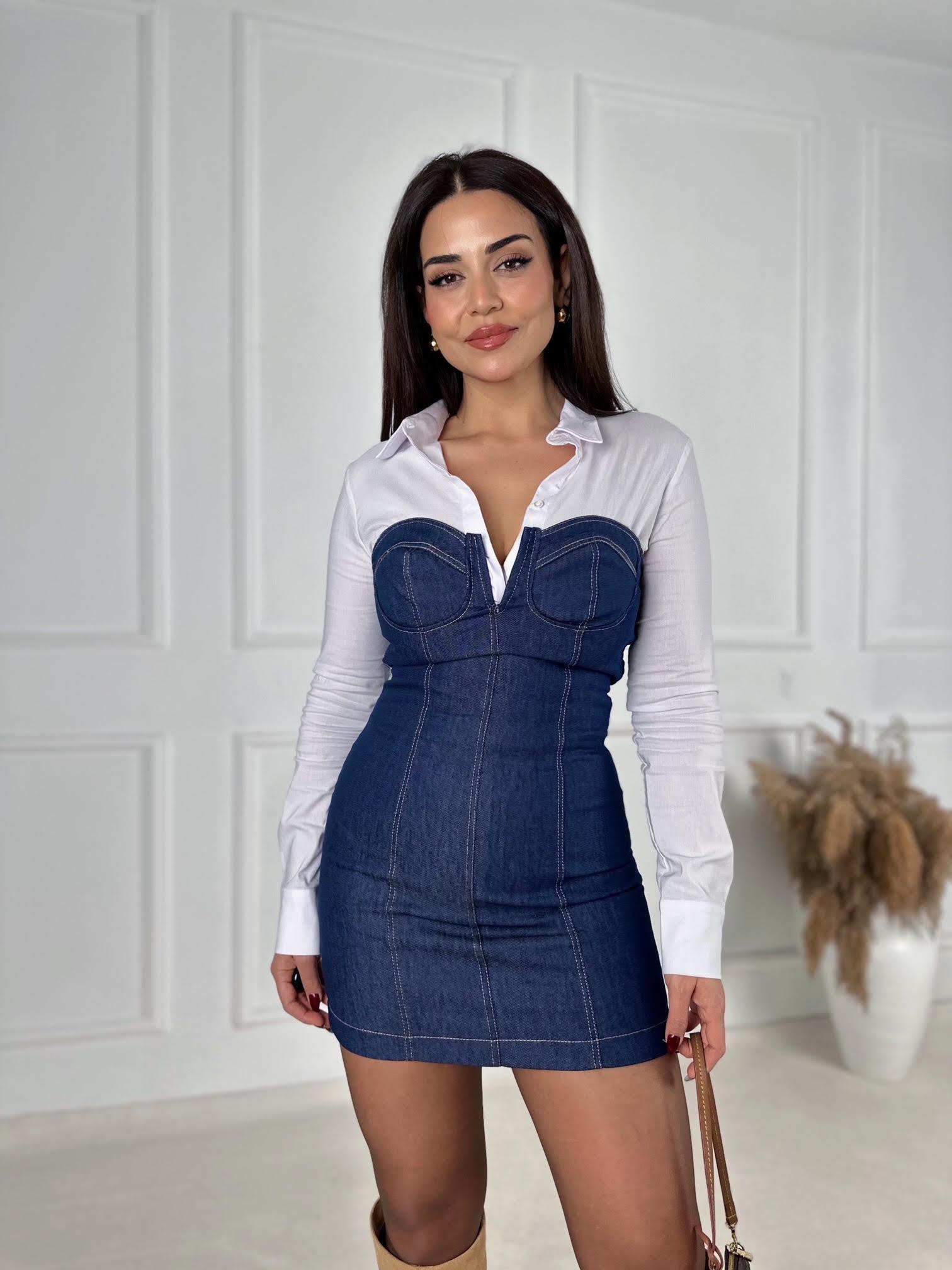 Lüks Kalite Korse Detay Straplez Mini Jean Elbise | Nora Butik · 3