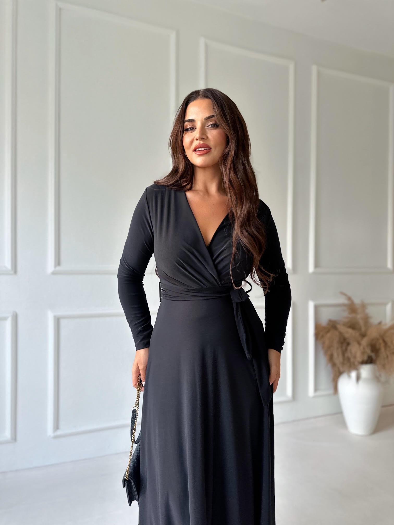 Lüks Kalite Kruvaze Yaka Kloş Etekli Siyah Midi Elbise | Nora Butik · 7