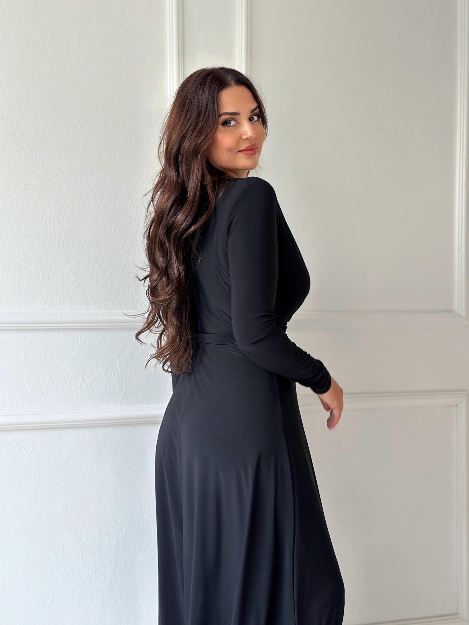 Lüks Kalite Kruvaze Yaka Kloş Etekli Siyah Midi Elbise | Nora Butik · 3